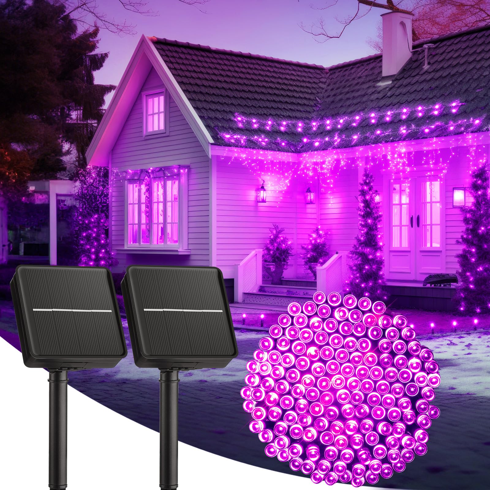 Brightown 2-Pack 400Led 170Ft Total Halloween Solar Outdoor Lights Ip65 Waterproof Solar Powered Lights With 8 Lighting Modes For Party Garden Yard Home Holiday Tree Decoration Lighting Purple