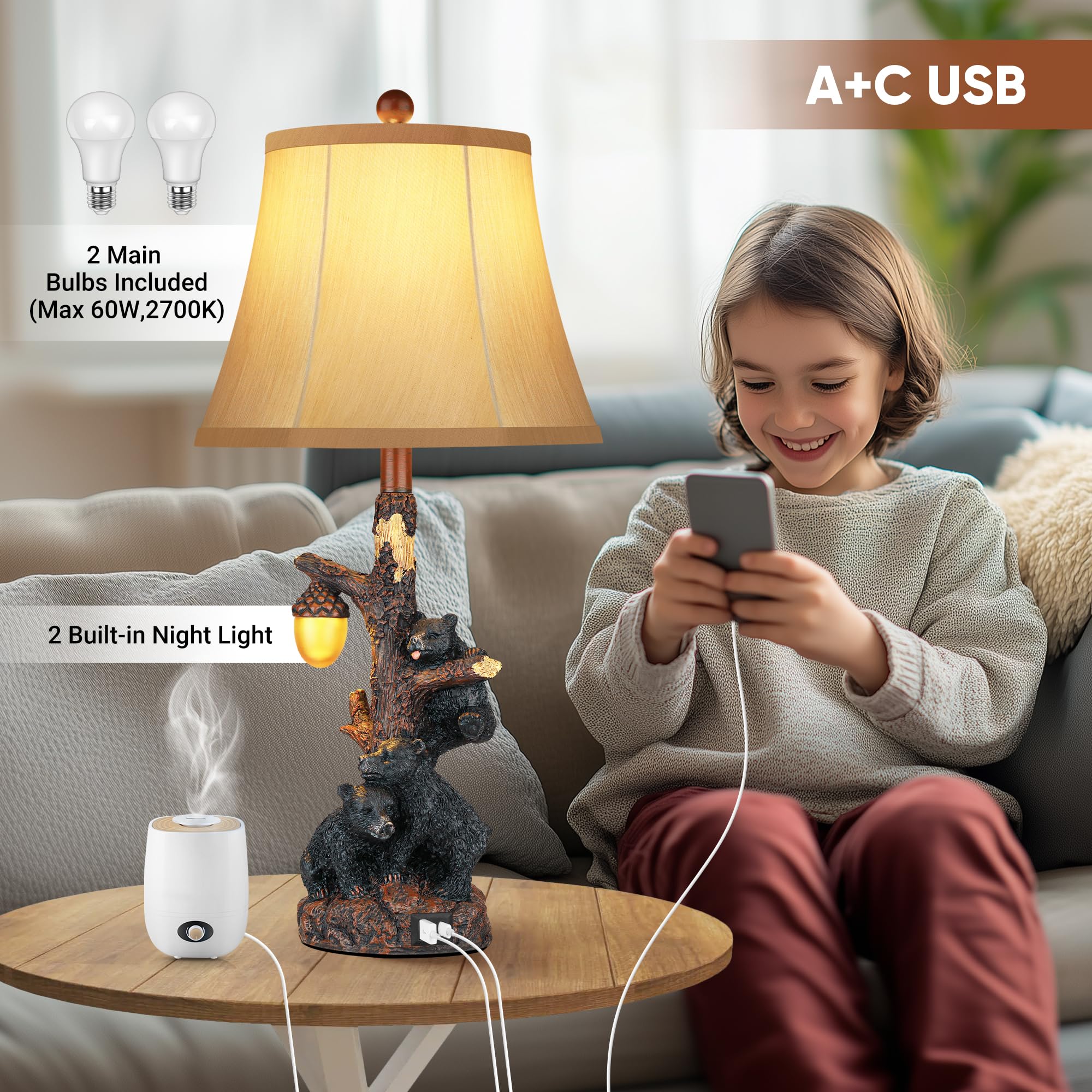 Hamucd Set of 2 Bear Bedside Table Lamps, Touch Accent, USB A+C, Brown, Farmhouse Rustic Nightstand Lamps for Bedroom & Living Room Decor