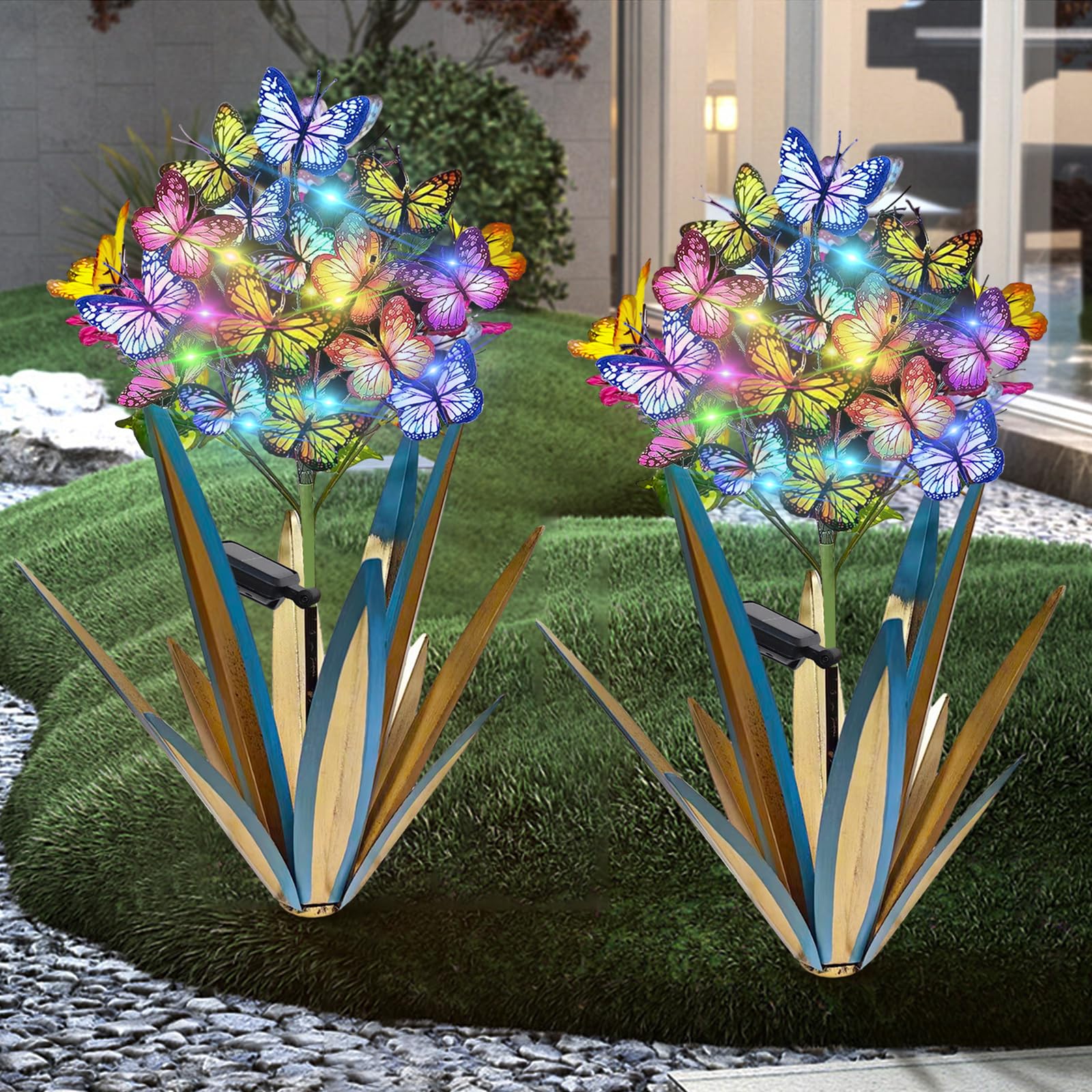 Homight Solar Metal Agave Butterfly Flower Stick Garden Sculpture - 2 Pcs Blue, Model HM-453, Outdoor Christmas Lights