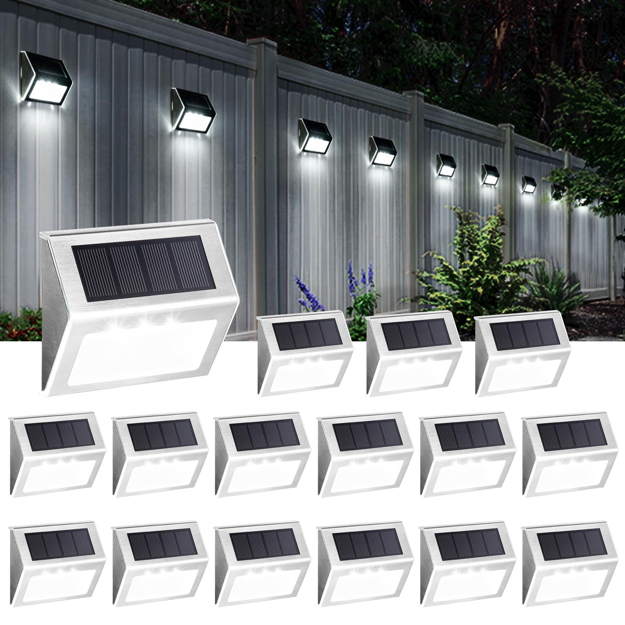 SOLPEX Solar Step Lights, 16 Pack Stair Lights, Outdoor Fence Lighting, Solar Powered Deck Lights Waterproof 4 LEDs for Stairway