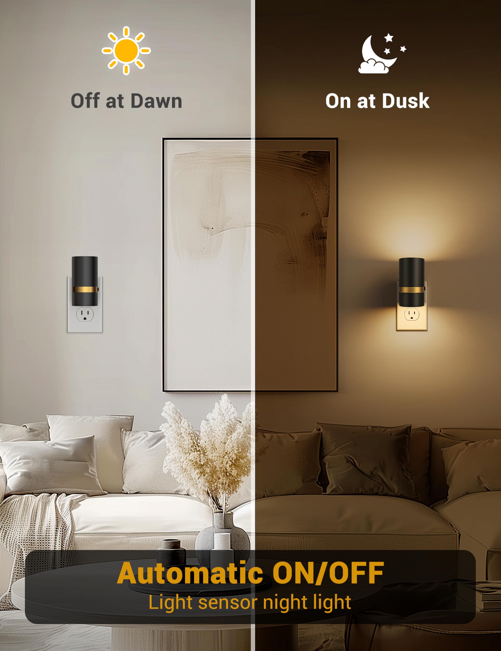Fulighture Night Light Plug-in, Adjustable Brightness 0-100LM, Dusk to Dawn Sensor, Soft White, 2 Count, Black, Model GY136