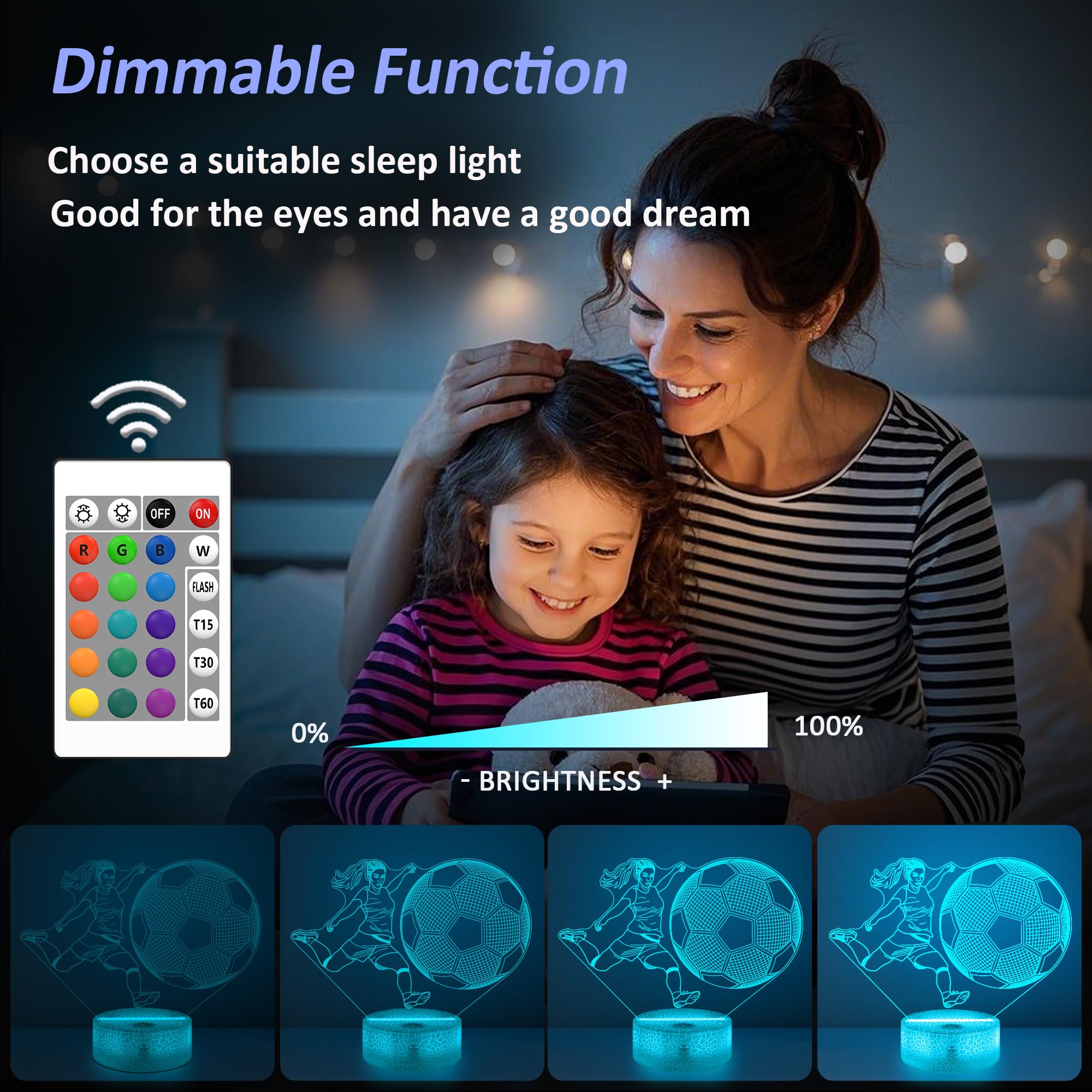 Soccer Gifts For Girls Bedroom Decor Light Up Soccer 3D Illusion Lamp Night Light With 16 Colors Remote Football Accessories Birthday Xmas Gifts For Best Friends Sister Daughter Sports Fan Lover