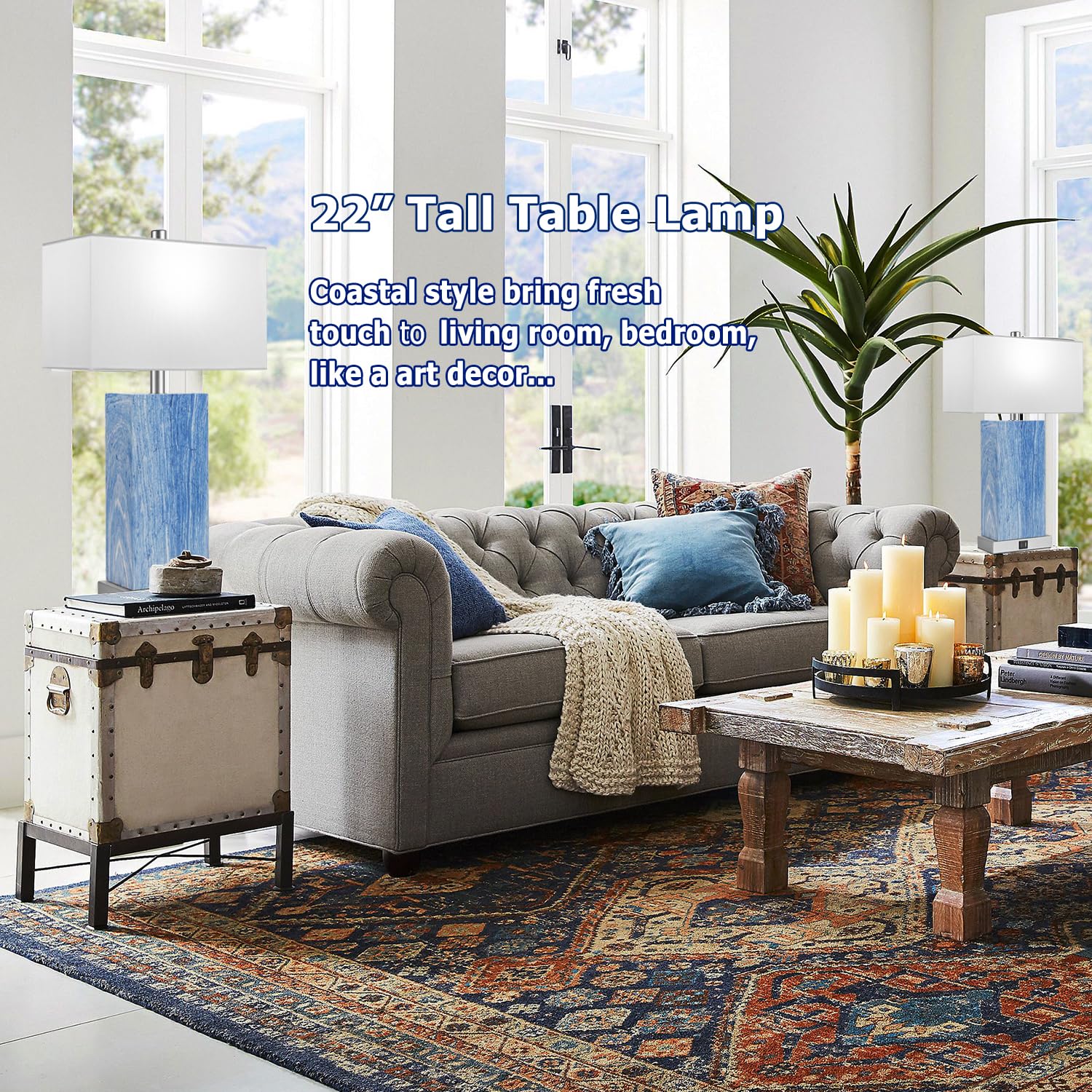 Momyofdy 24&quot; Blue Touch Control Table Lamps Set Of 2 With Usb Ports, Dimmable White Shade