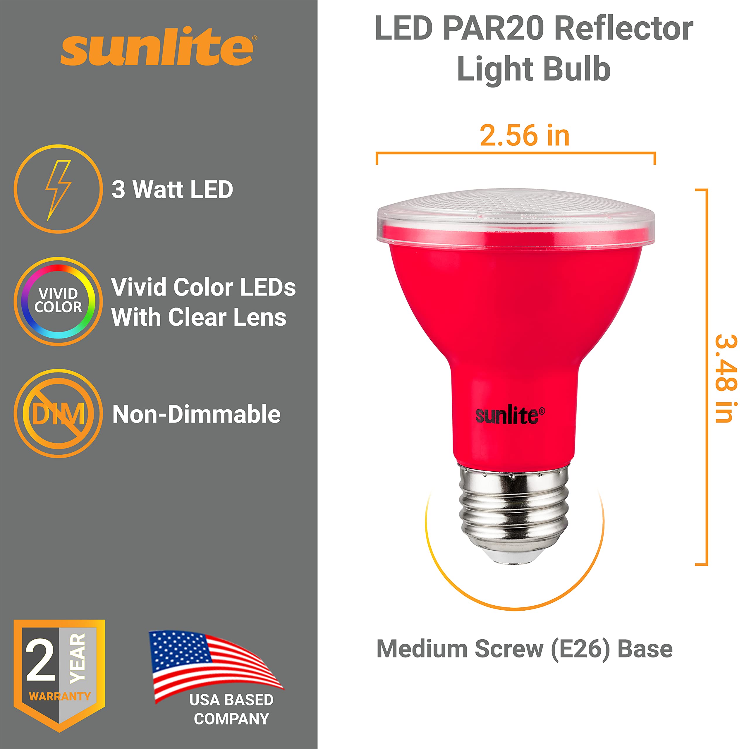 Sunlite LED PAR20 Floodlight Bulb, 3W (50W Equivalent), Red, Medium E26 Base, 3 Count, ETL Listed, Polycarbonate