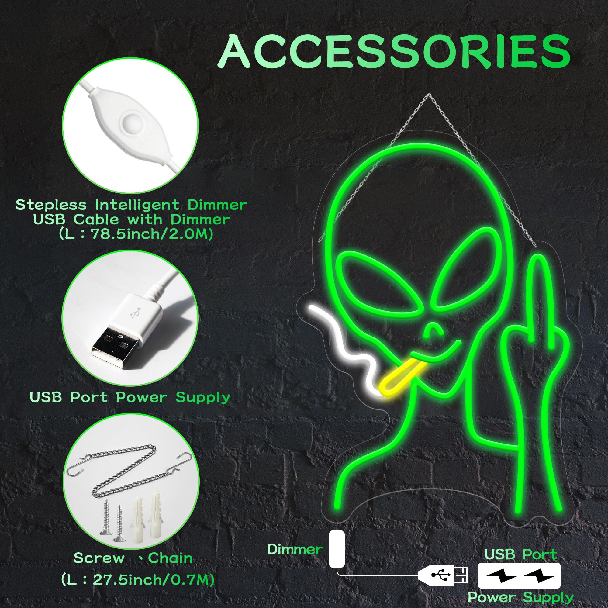 HAJAE Green Alien Neon Sign - Dimmable LED Wall Decor, 15.75 x 11 inches, Perfect for Bedroom, Man Cave, Game Room, Home Bar