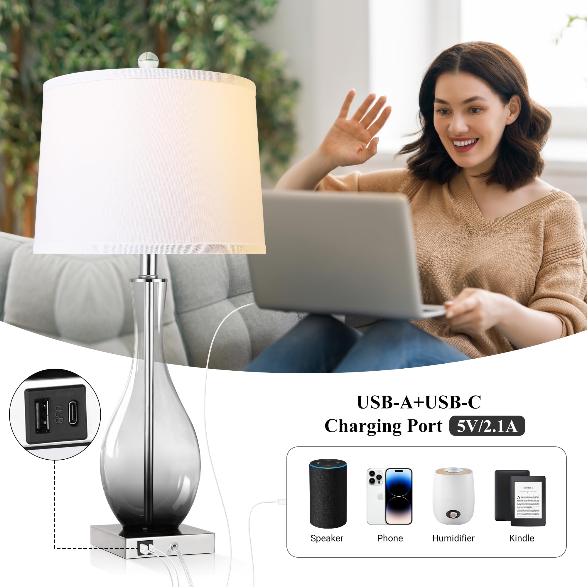 WIHTU Table Lamps Set of 2, Modern Glass, 3-Way Dimmable, 27in Bedside Desk Lamps with USB C and A Charging Ports, Gray, WTLP357