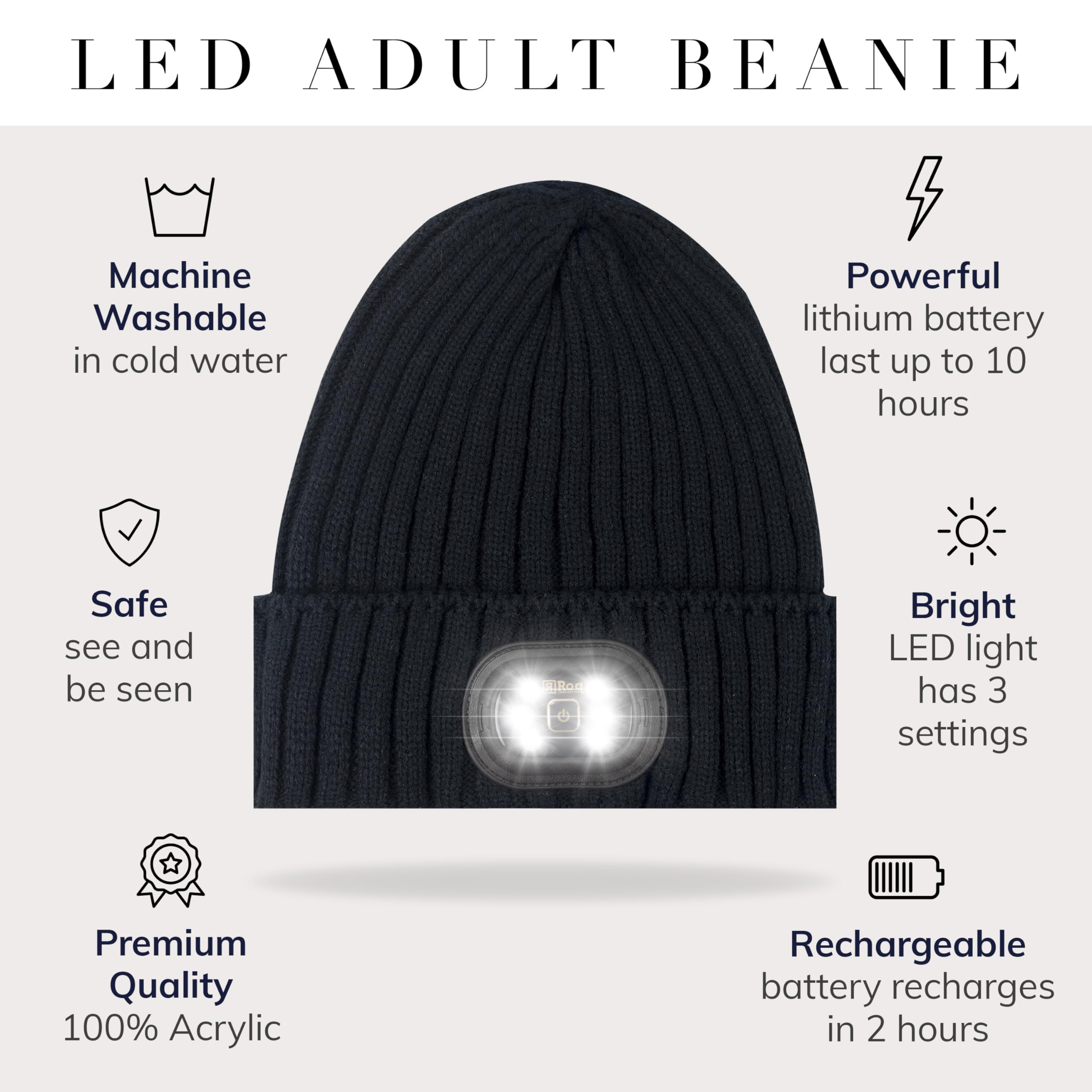 HEAD LIGHTZ LED Beanie Hat - Rechargeable Unisex Black-Mono, 100% Acrylic, Model ROQ-BEN-BLK 2023
