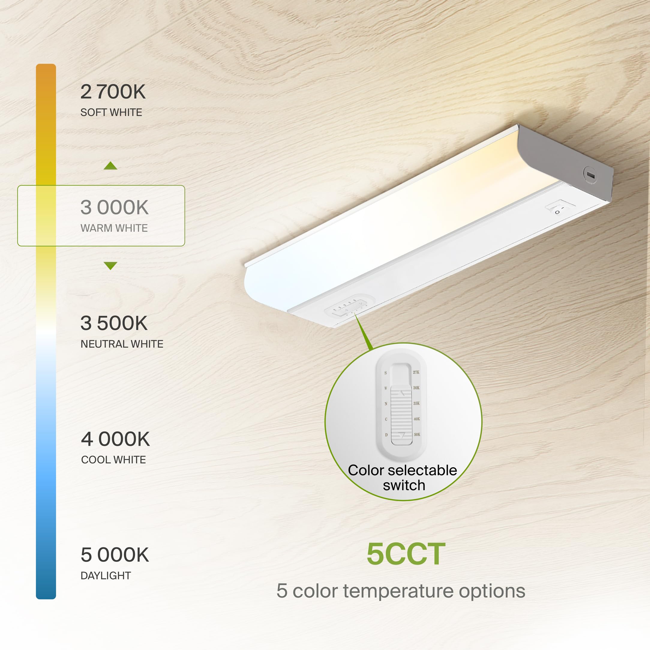 Asd 12 Inch Led Under Cabinet Lighting Hardwired, On/Off & Color Temp Switch, 5W 442Lm, 5 Cct 2700K-5000K Cri90+, Dimmable Under