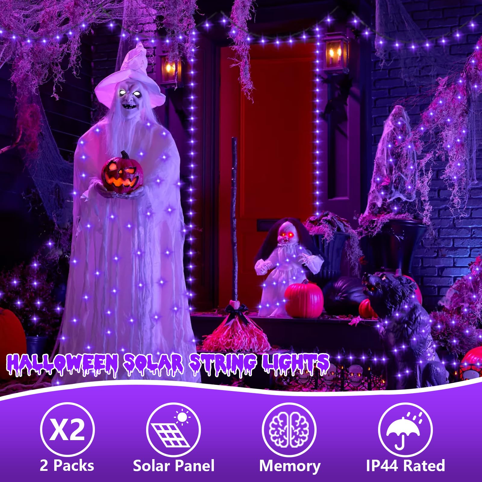Qitong Purple Solar String Lights, 2 Pack Each 66Ft 200 Led Halloween Lights Outdoor Waterproof, 8 Modes Green Wire Christmas Tw