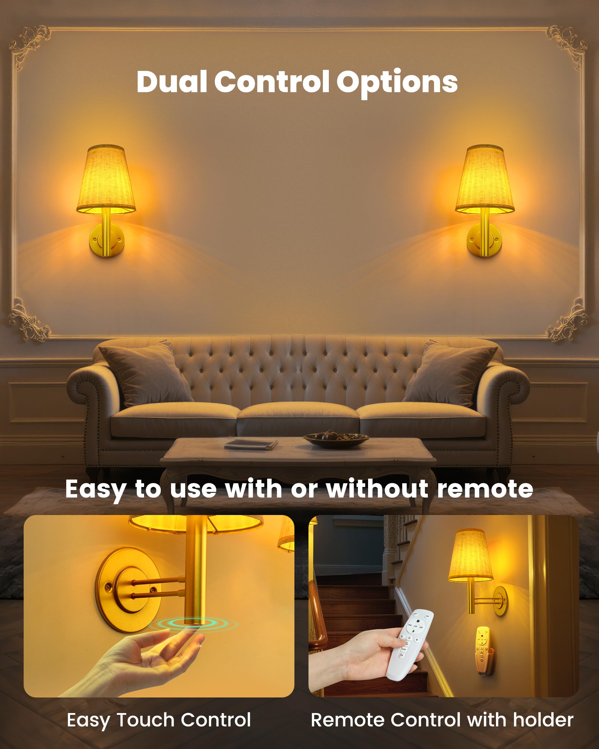 TECOMLIGHT Battery Operated Wall Sconces - Wireless LED Lamp Set of 2, Satin Gold, Remote & Touch Control, Model TWS-002