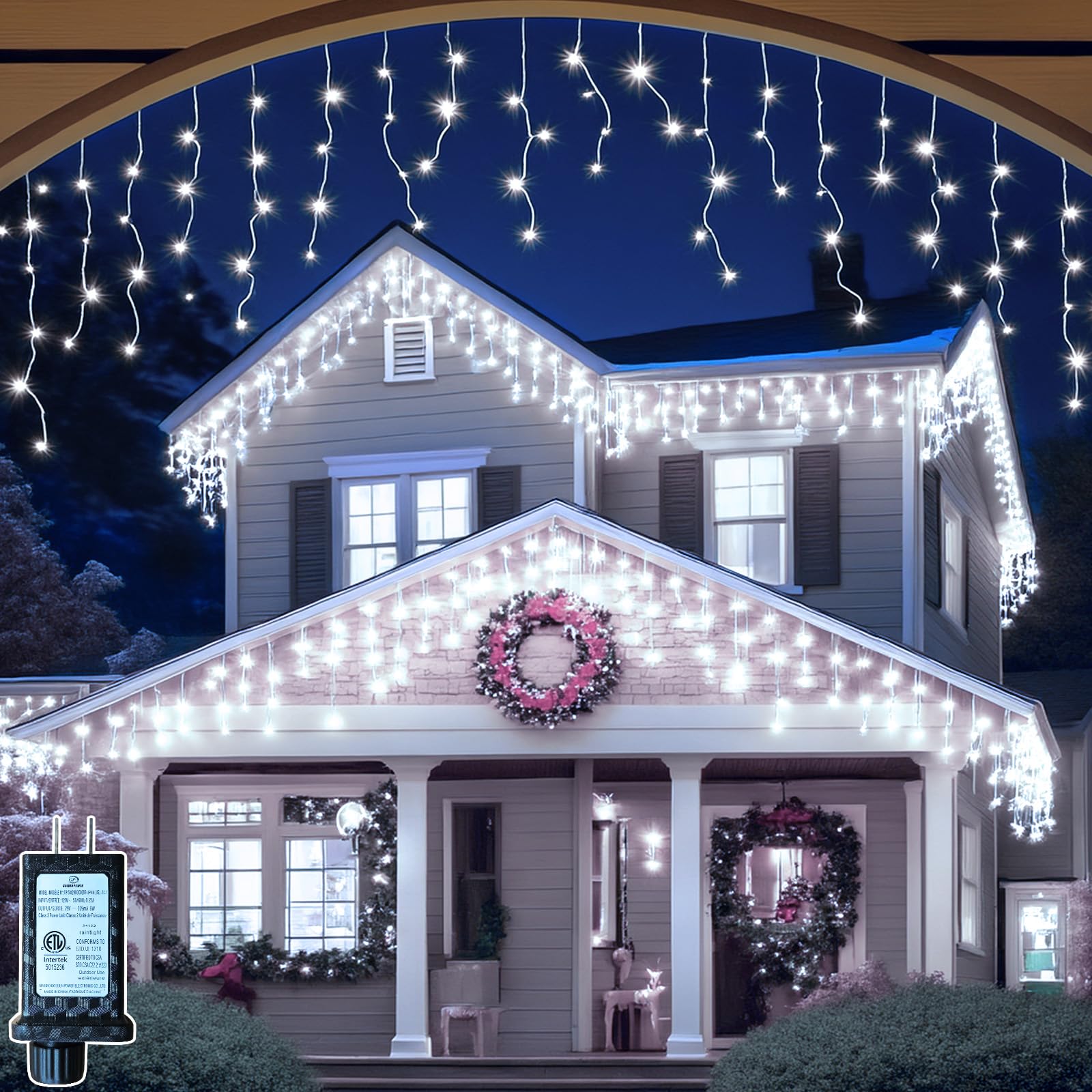 HGJ Cool White Christmas Lights Outdoor, 65ft 640 LED Icicle Lights for Outside House with Connectable Clear Wire 8 Modes Timer,