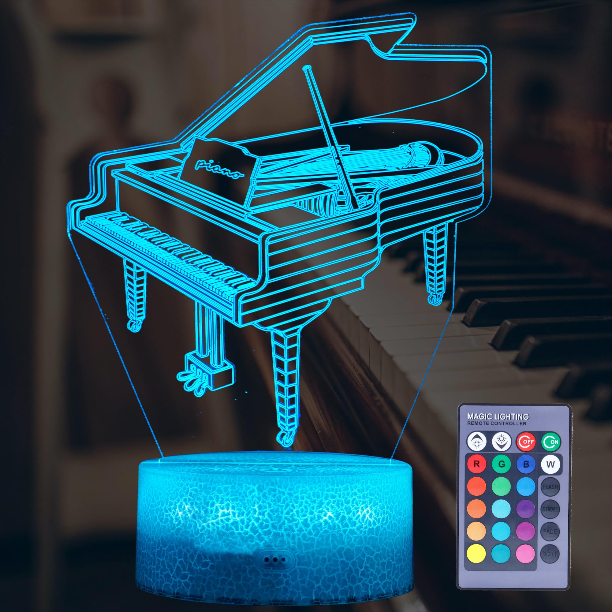 POSSHE Piano Night Light, Instrument Gifts, Piano 3D Illusion Lamp with 16 Colors Changing, Remote Control and Dimmable, Kids Bo