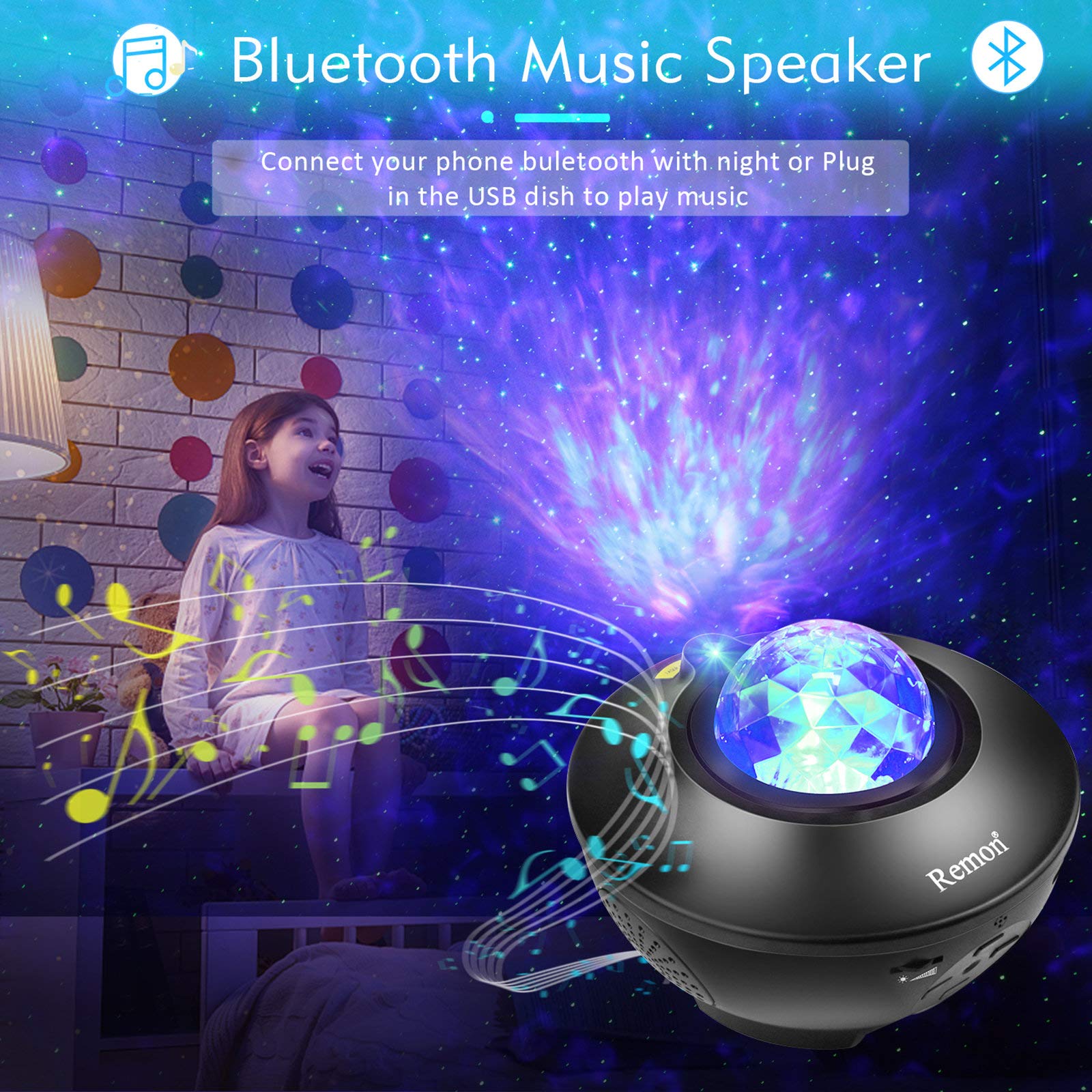 Remon Galaxy Projector Night Light - 10 Colors, Bluetooth Speaker, Alexa/Google Home Compatible, Black, Model BL-XK01