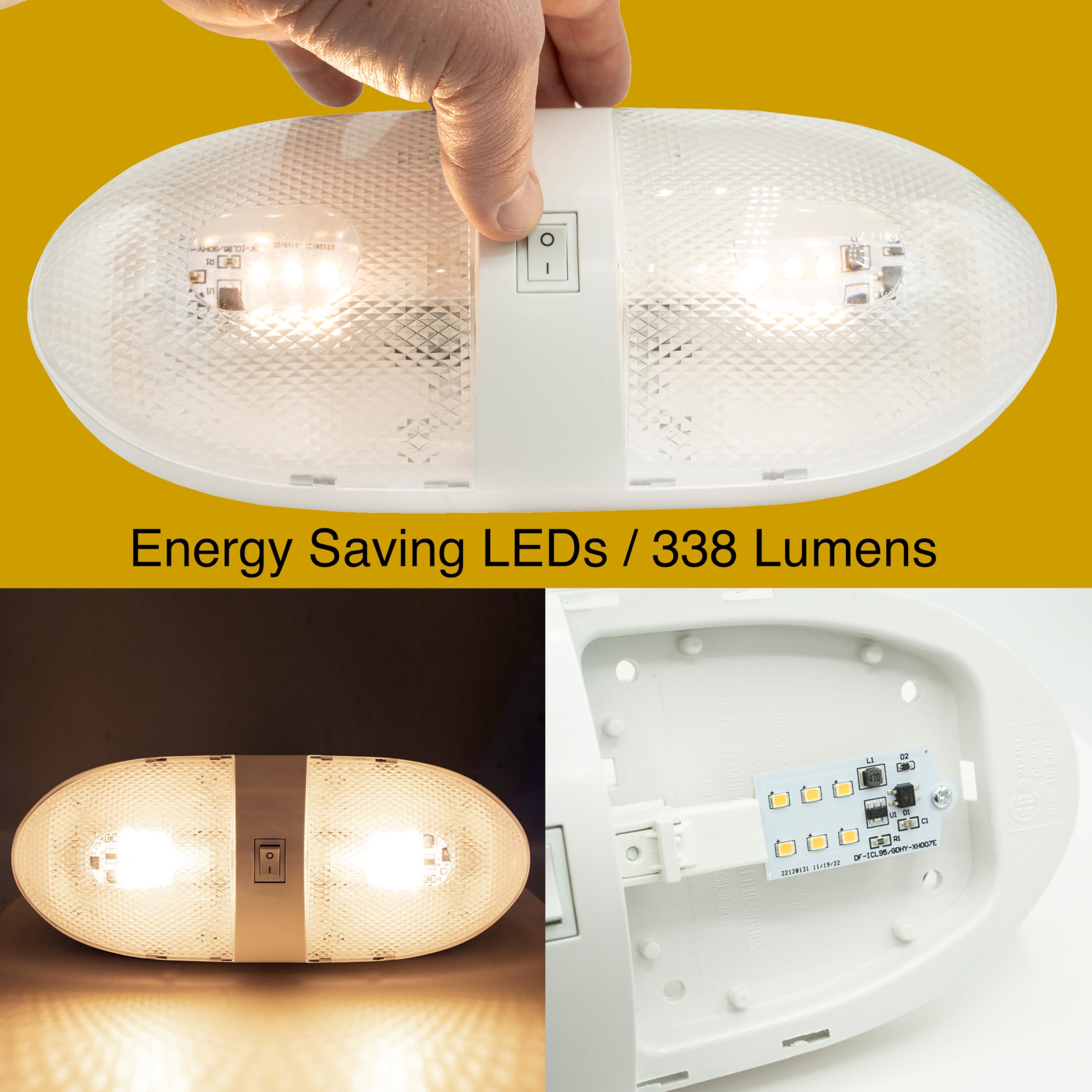 Lumitronics RV 12V Double LED Ceiling Dome Light with On/Off Switch - Removable Lenses, 1-Pack