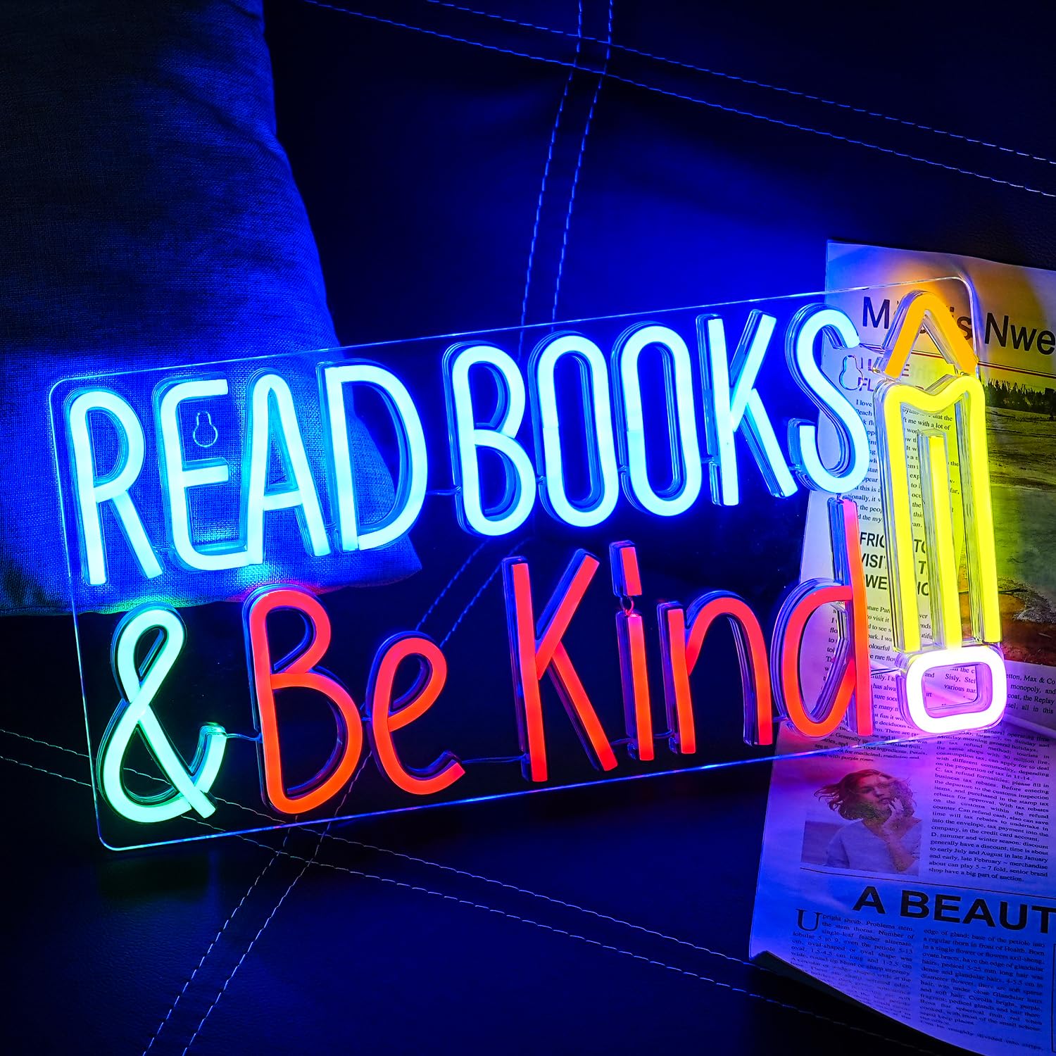 LULANMP Neon Sign - Read Books And Be Kind - Colorful LED Light for Classroom, Library, Study Room - 14.1inx7in - Acrylic