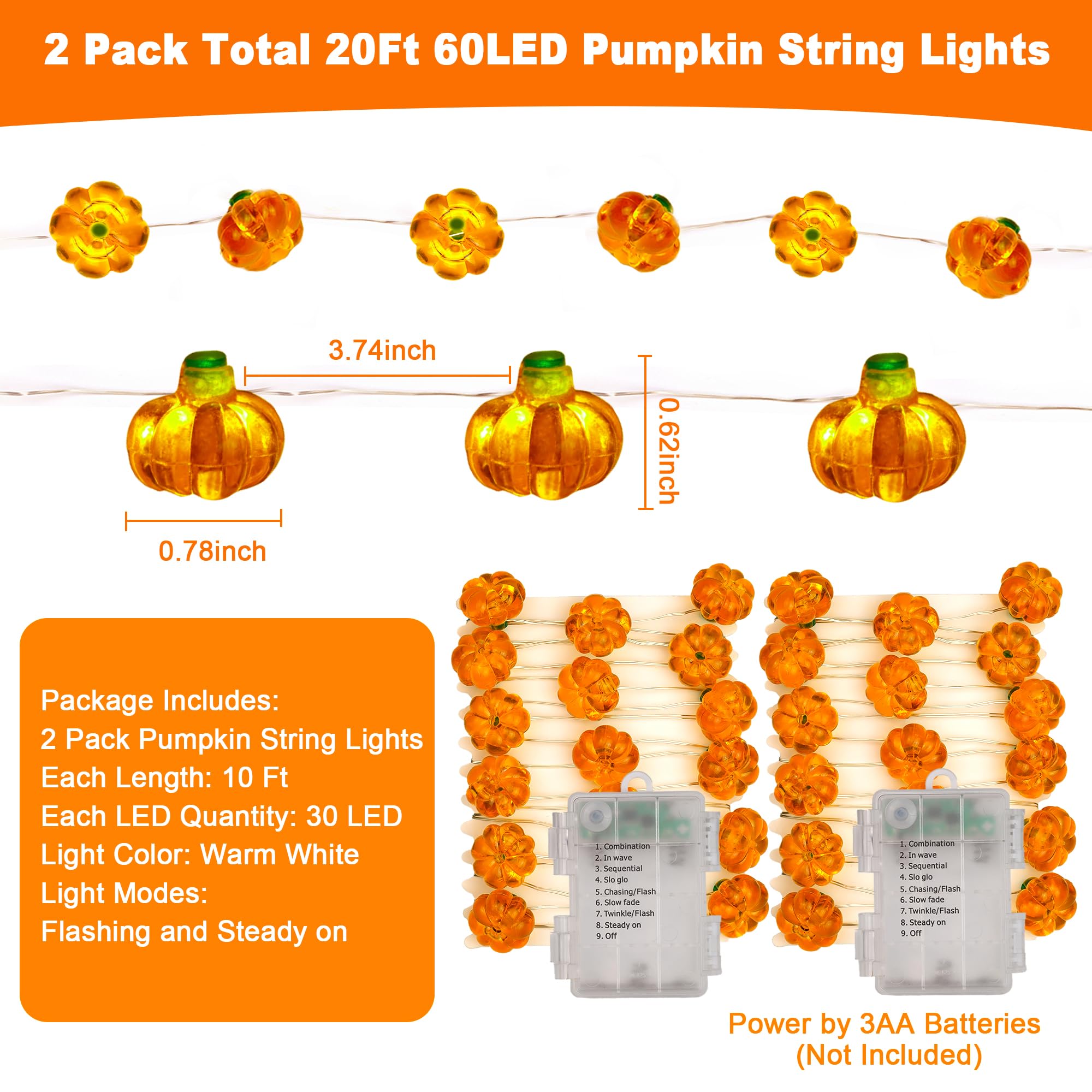 2 Pack Thanksgiving Decorations Turkey String Lights with Timer, Total 60LED/20Ft Thanksgiving Lights Battery Operated Turkey Li