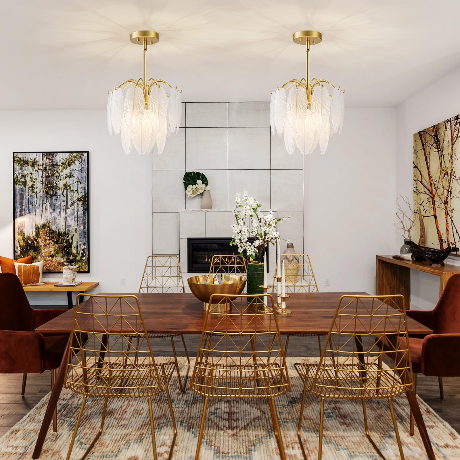 LumFurn 3-Light Glass Chandelier, Modern 2-Tier Pendant Light, Adjustable Height D12x18-47In, Gold Frame & White Frosted Glass Shade