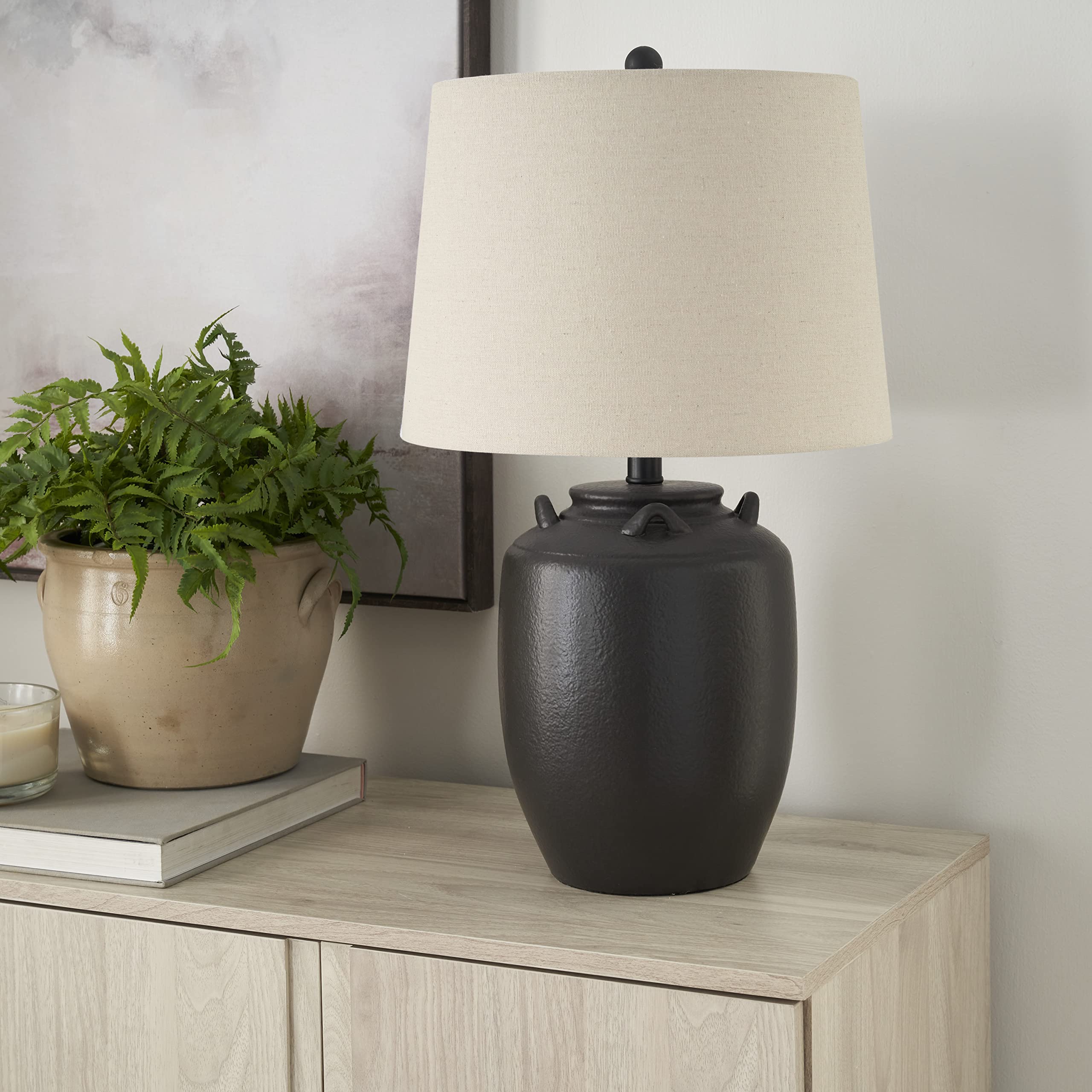 Nourison 24'' Black Farmhouse Ceramic Pottery Jug Table Lamp for Bedside Table, Living Room, Office, Entryway