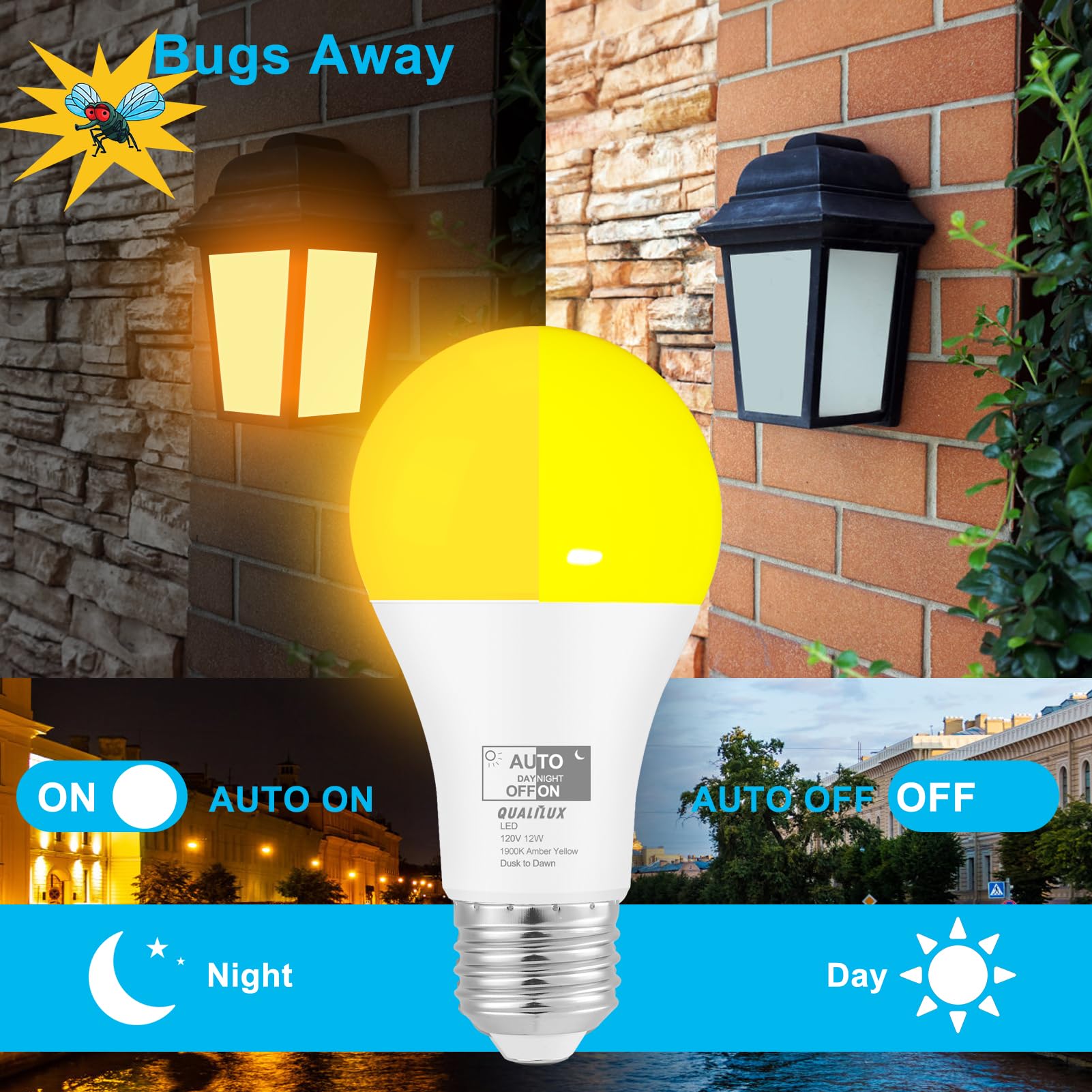 Qualilux Dusk to Dawn Bug Light Bulbs, 12W LED A19 E26, 800 Lumen, Amber Yellow, 2-Pack, Model D2D-A19E26