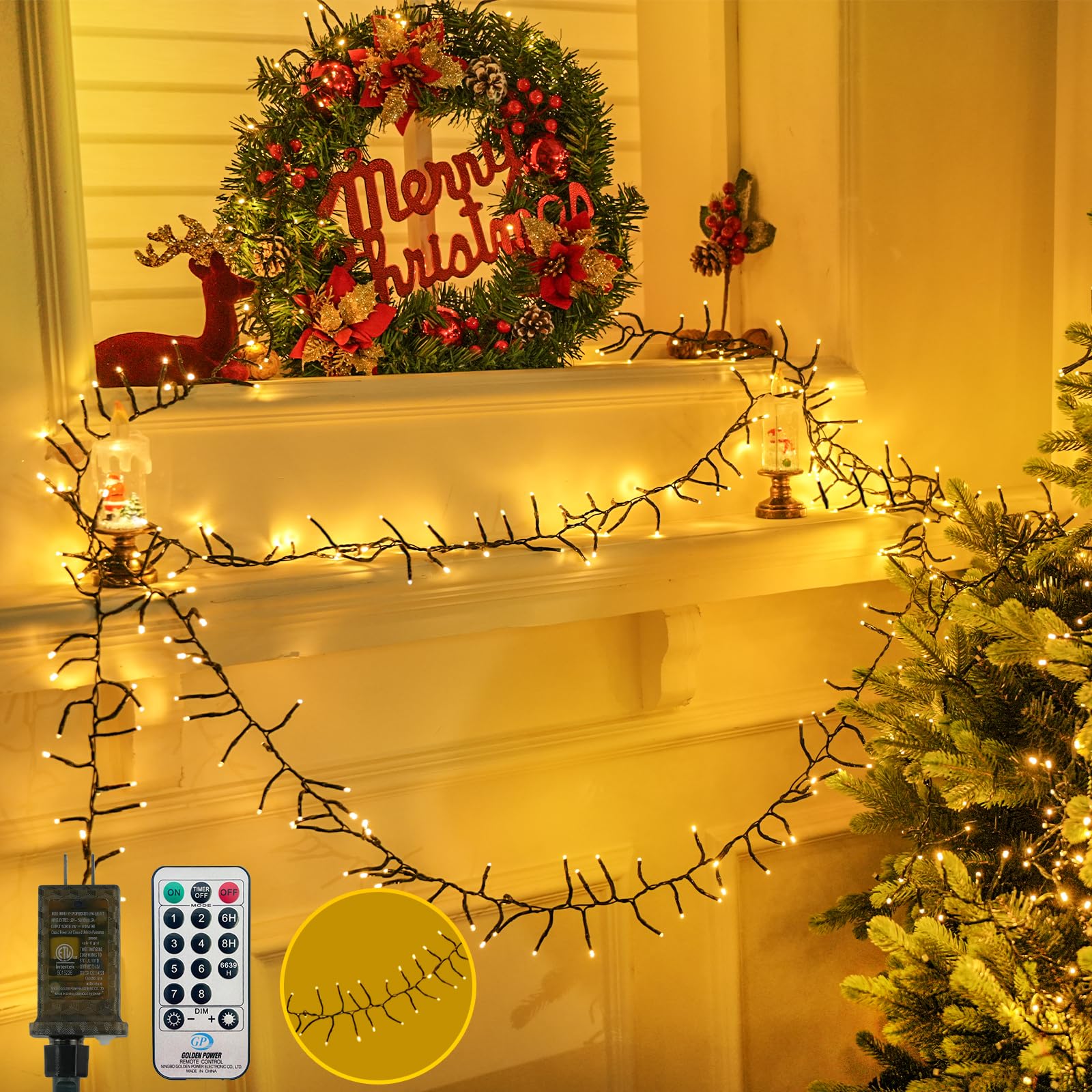 100Ft 2000 Led Cluster Christmas Lights  Christmas Tree Lights Outdoor Indoor With 8 Modes & Timer & Remote  Fire ers String Lights Waterproof For Garland Party Xmas Decorations  Warm White