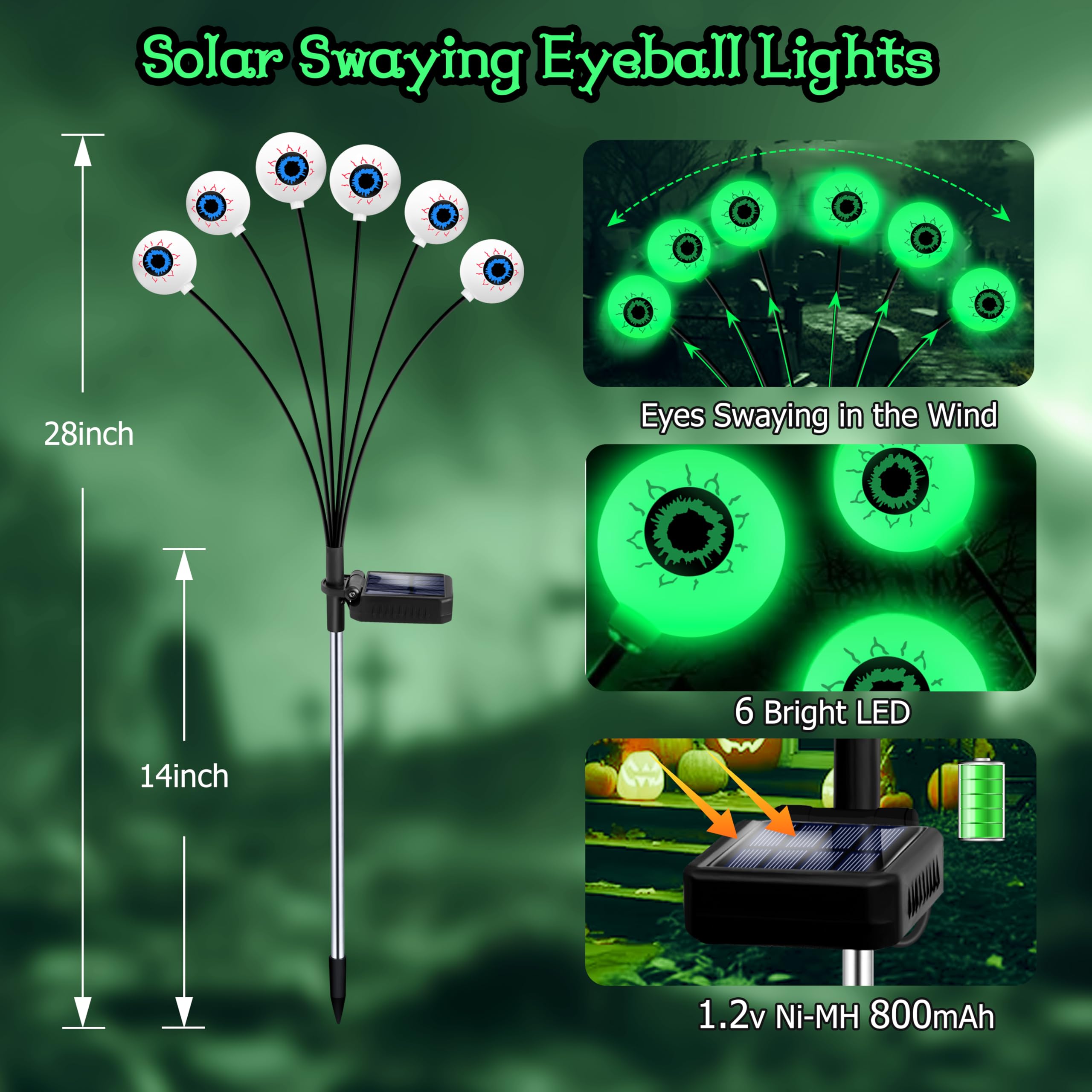 Kohlrabi Halloween Outdoor Decorations, 4 Pack 24 Led Green Eyeball Swaying Lights, Waterproof