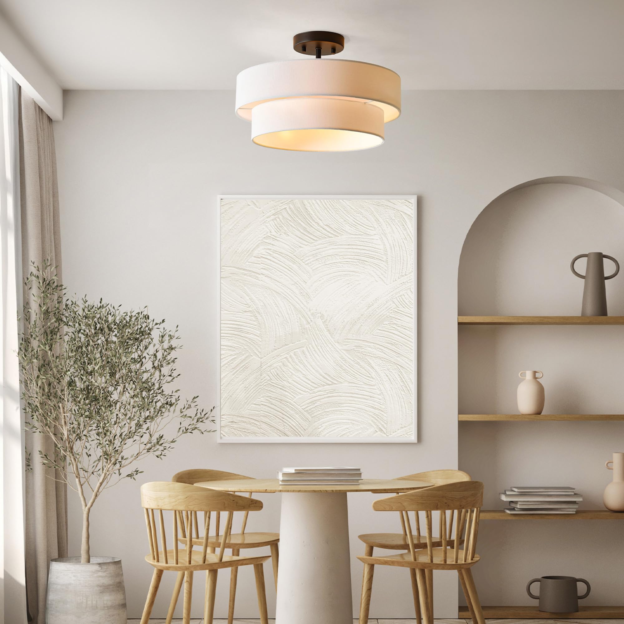 Globe Electric 66000138 2-Light Semi-Flush Mount Ceiling Light, Matte Black, 2-Tier, White Linen Shade, Home Improvement, Dining