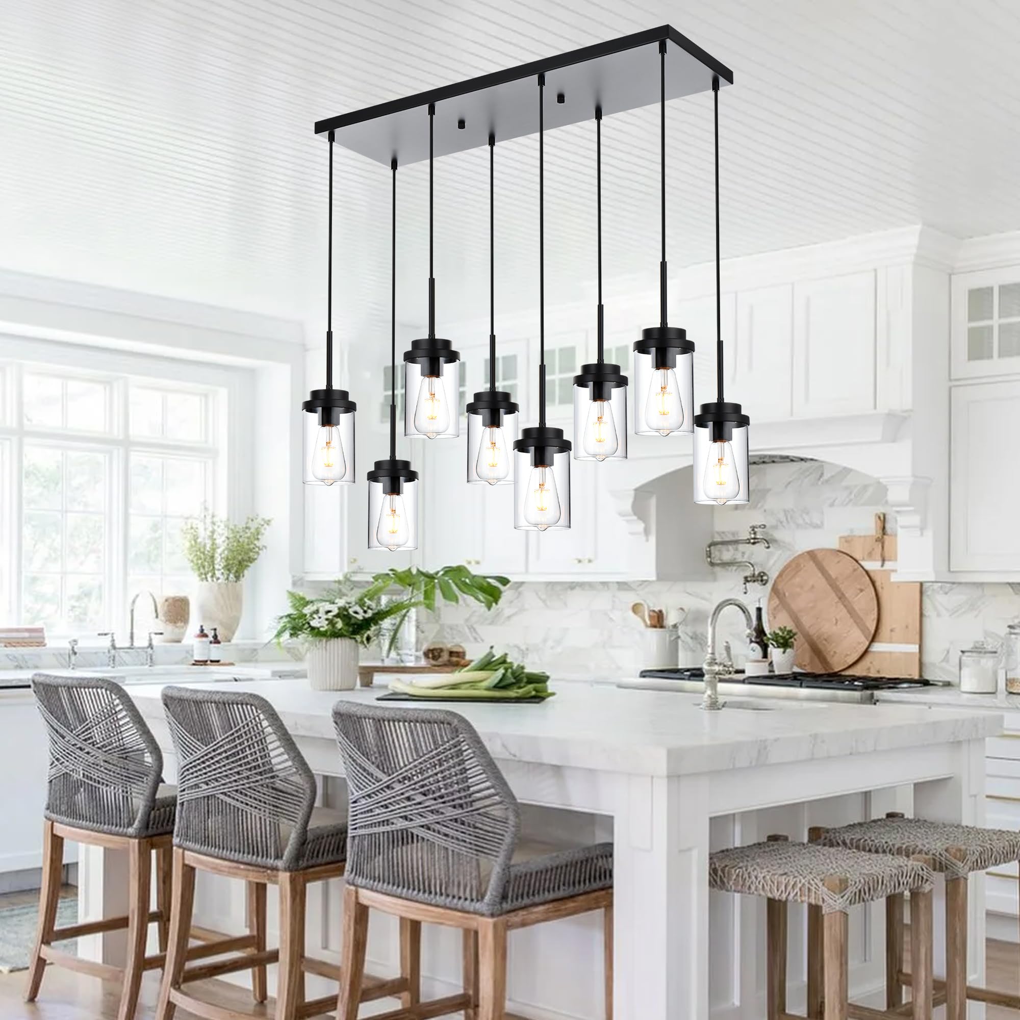 MELUCEE 8 Lights Linear Chandelier Lighting Black Metal Pendant Light 31.5in