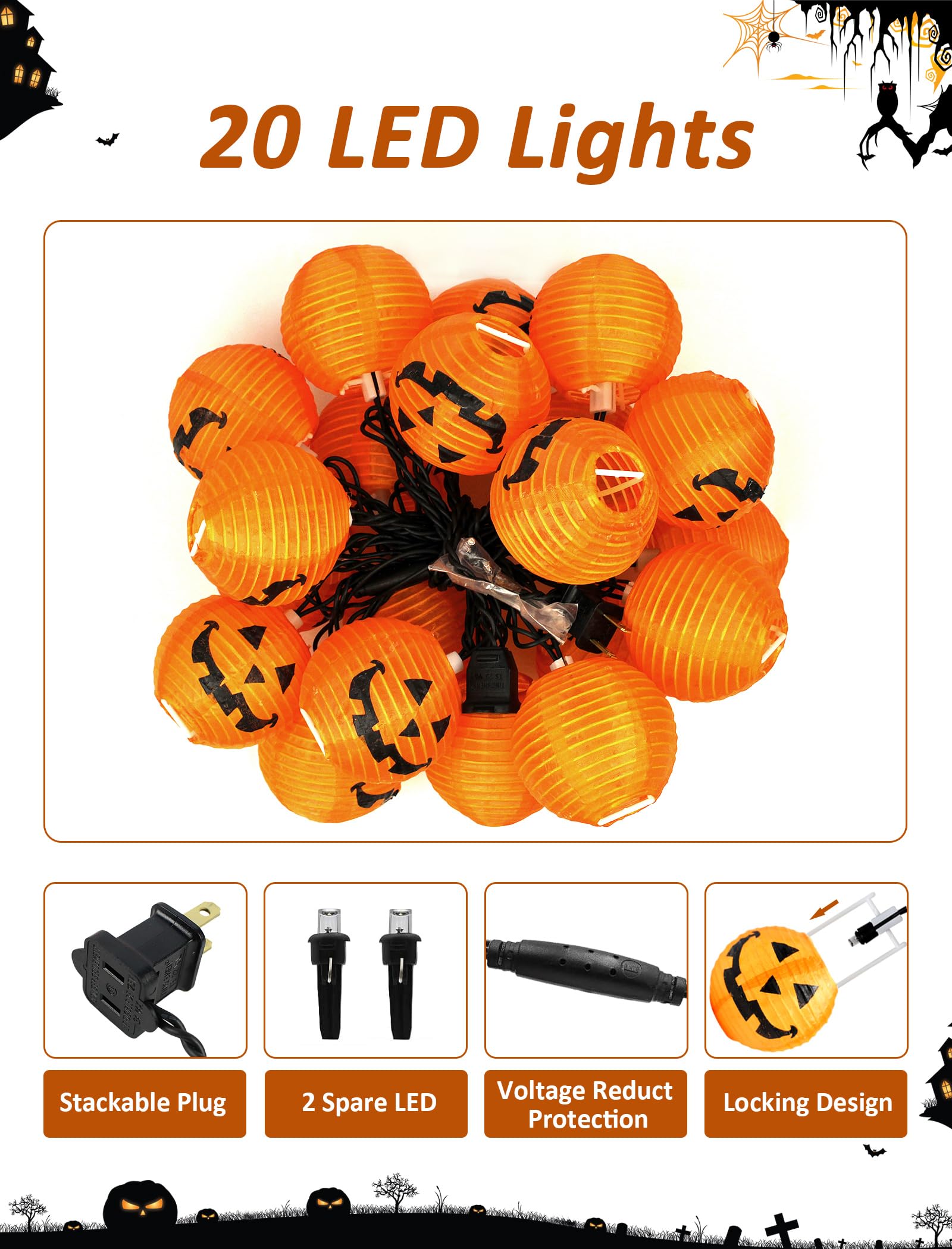 Hobbynors Pumpkin Lantern String Lights, 12ft, 20 LED, Warm Orange, UL Certified for Indoor & Outdoor Use