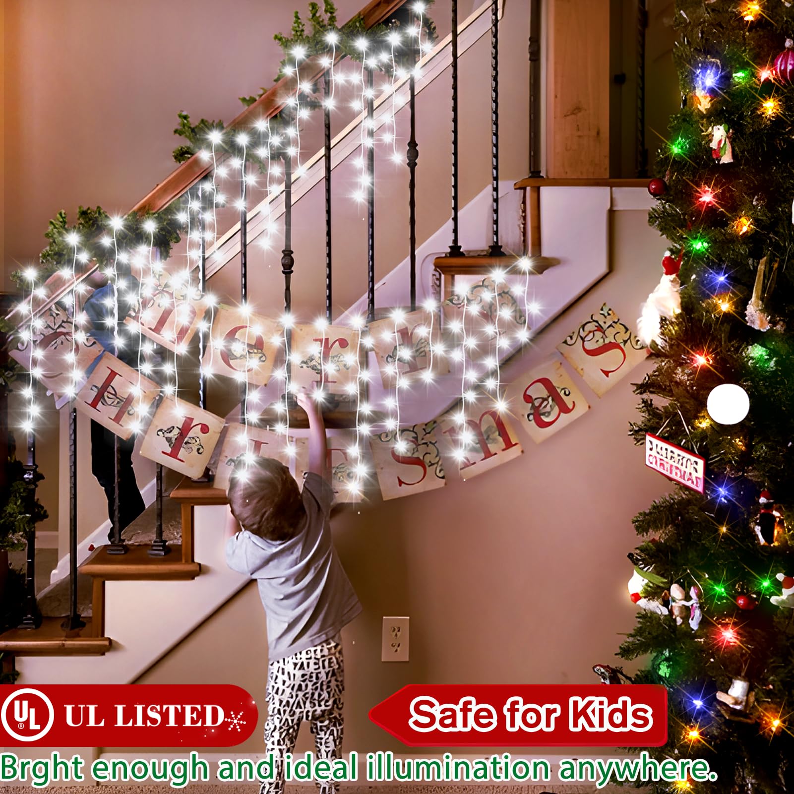 XURISEN Christmas Lights - 1280 LED Curtain Fairy Lights, 132ft, Cool White, 8 Modes, Waterproof with Timer, Model BG-CL3M3-306L01