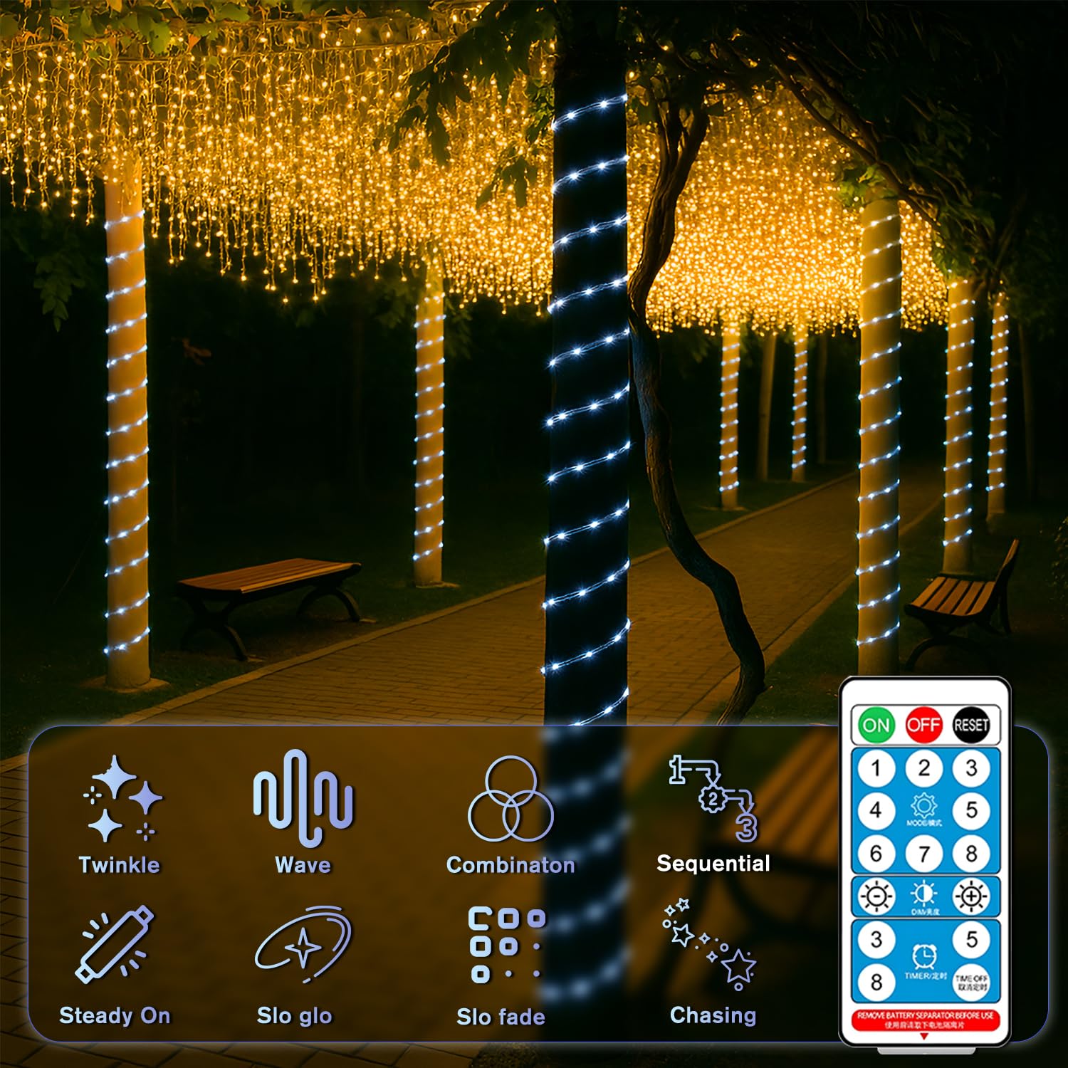 ANJAYLIA Solar Rope String Lights, 66FT, 200 LED, Cool White, Waterproof, 8 Modes & Timer Remote, for Outdoor & Holiday Décor
