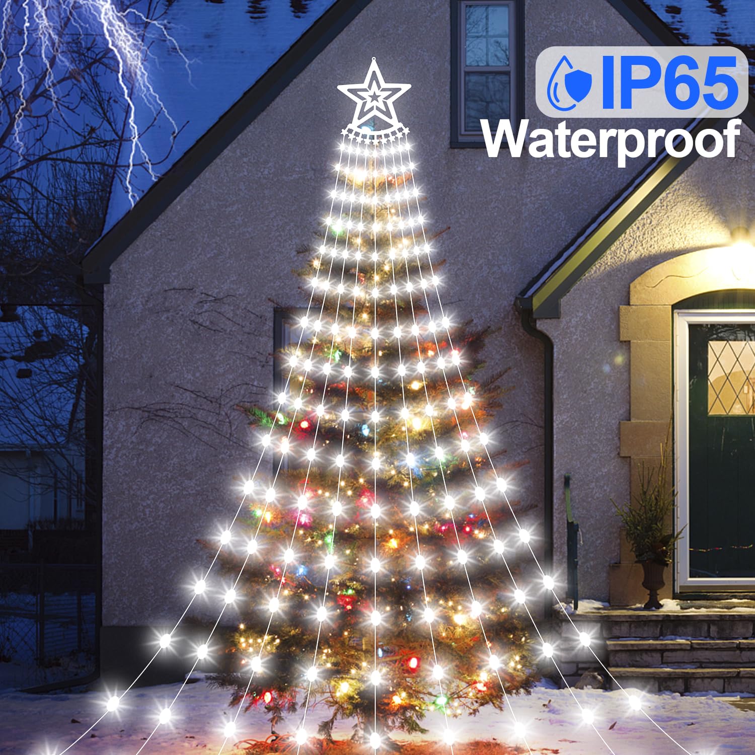 Amipepe Christmas Decorations Star Lights Outdoor, 11.48Ft 350 Led Waterfall Tree Lights With 8 Modes Timer Remote Plug In Chris