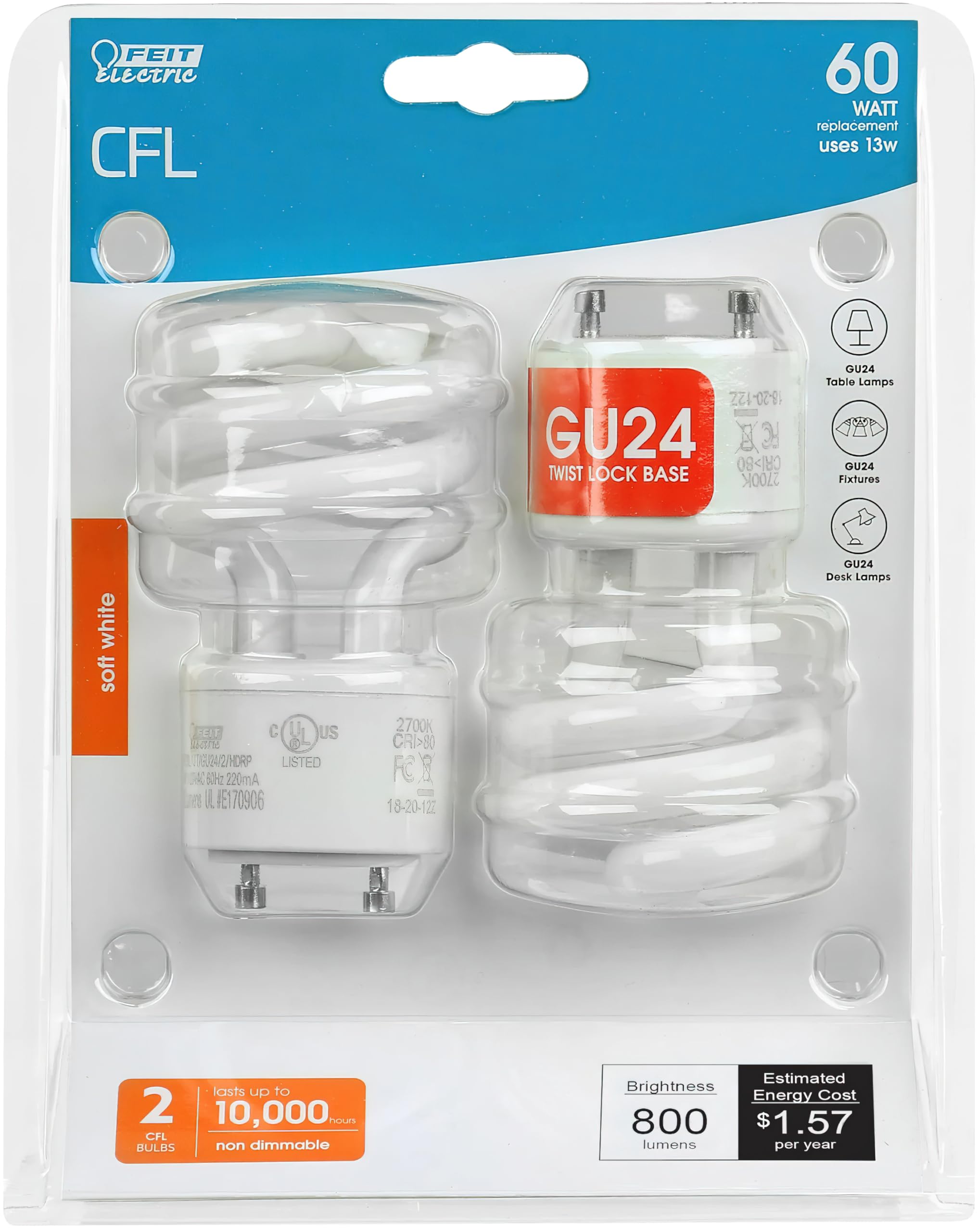 Feit Electric 13-Watt Twist Soft White Light Bulbs, GU24 Base, 2-Pack