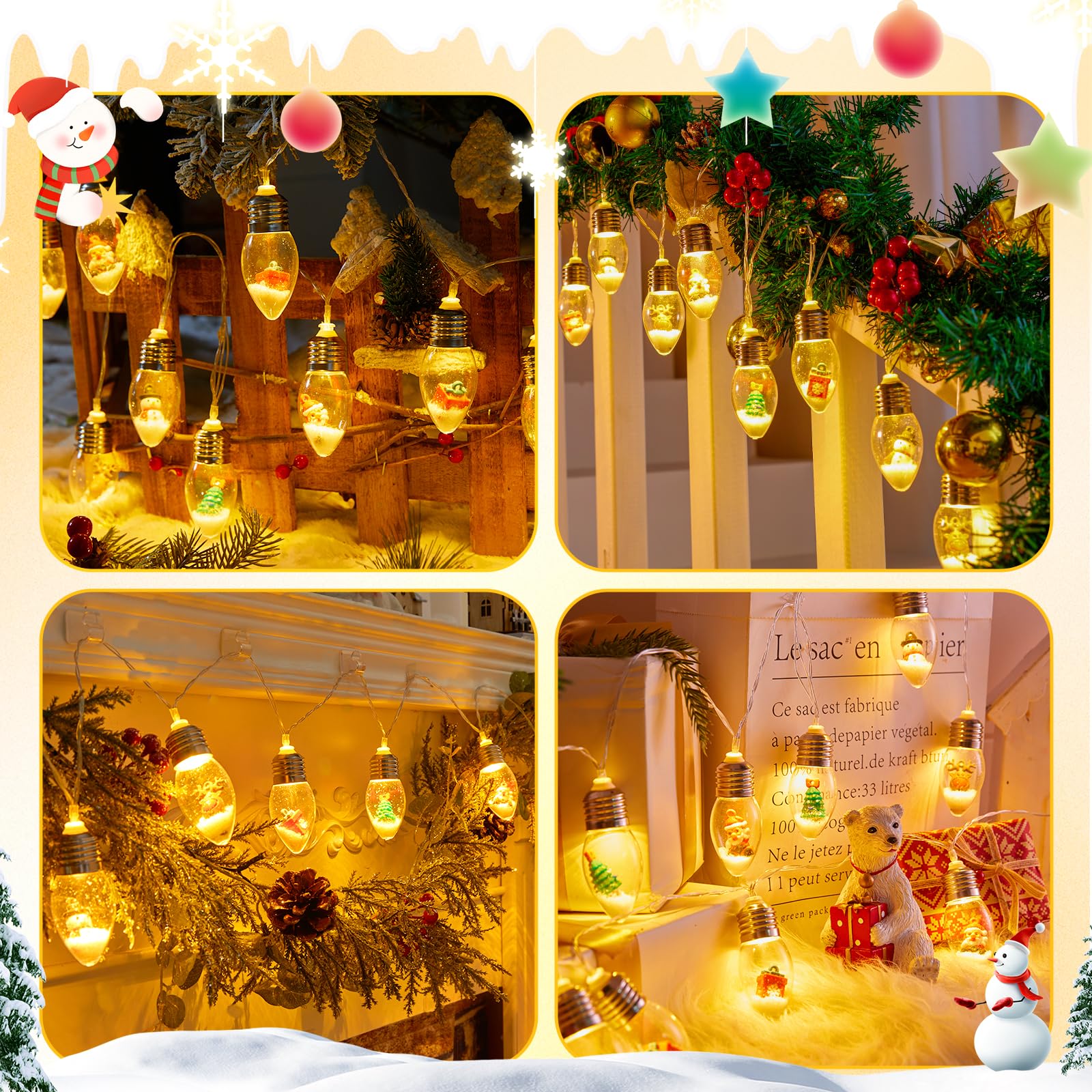 Brightown Christmas Lights Indoor, 7.5Ft Christmas Snow Globe Lights With Santa & Gift & Cute Ornaments,Battery Powered String L