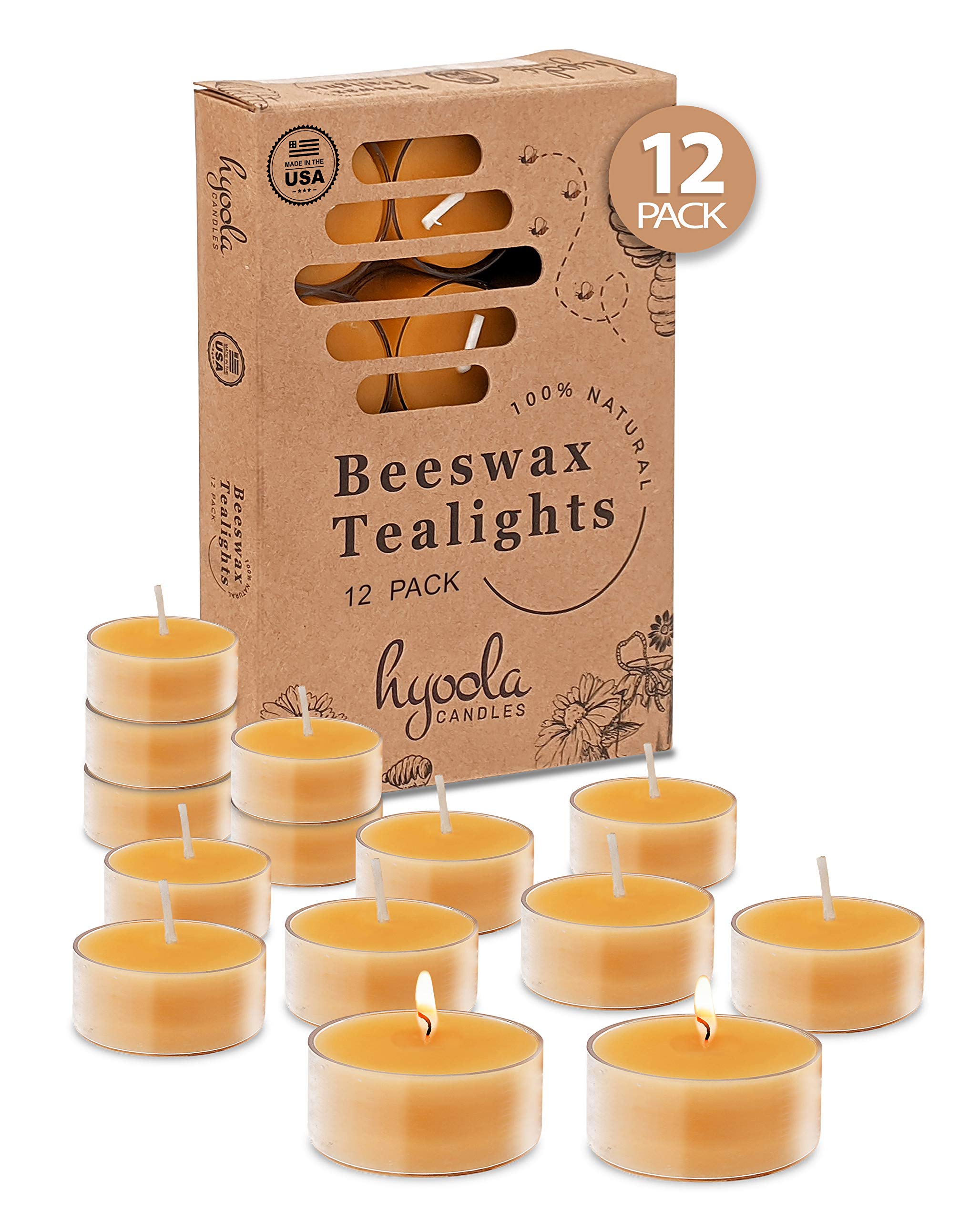 Hyoola Pure Beeswax Tea Lights, Handmade Decorative Unscented, Tealight Candles, 4 Hour Burn Time, Clear Cup (Pack Of 12)