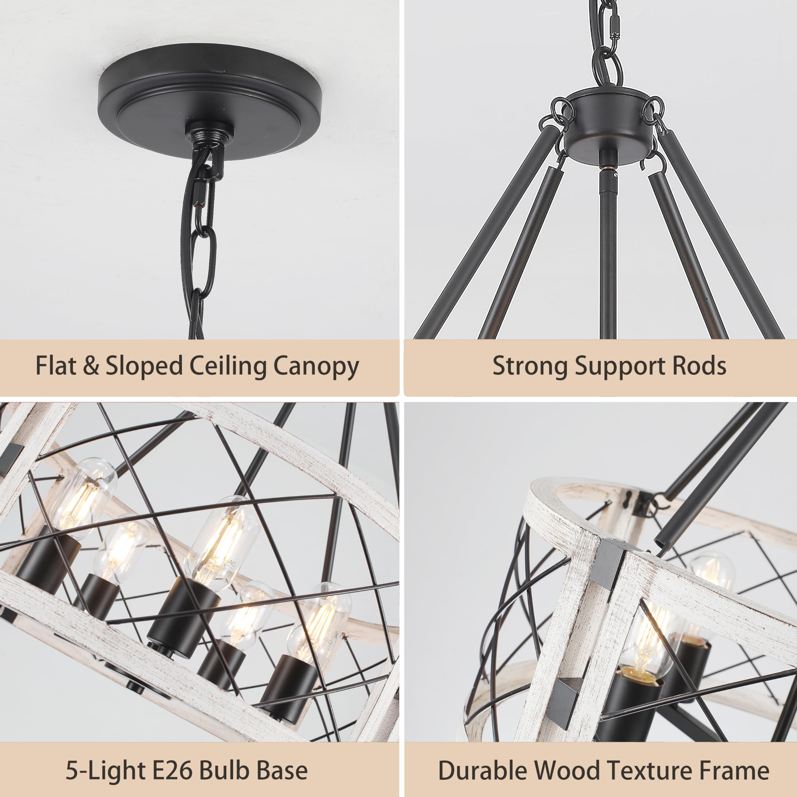 Corlaceling Rustic Farmhouse Chandelier, 5-Light White Pendant Lighting, 19.8 inch for Dining Room, Kitchen Island, Entryway