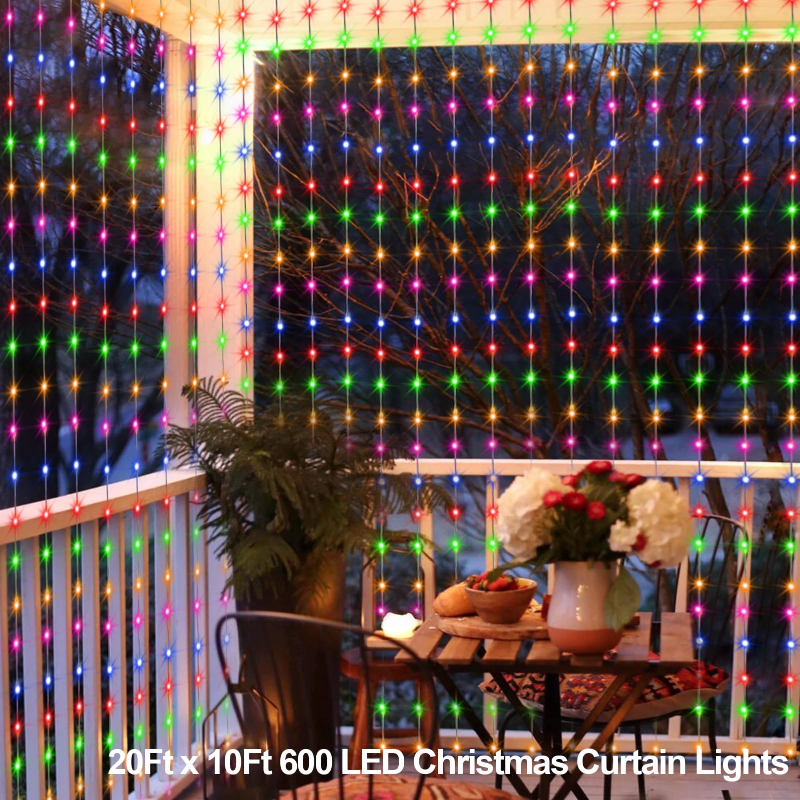 echosari 20Ft x 10Ft Curtain Lights, 600 LED Dual Color Waterproof with Remote, Cool White & Multicolor, Model DMO-300