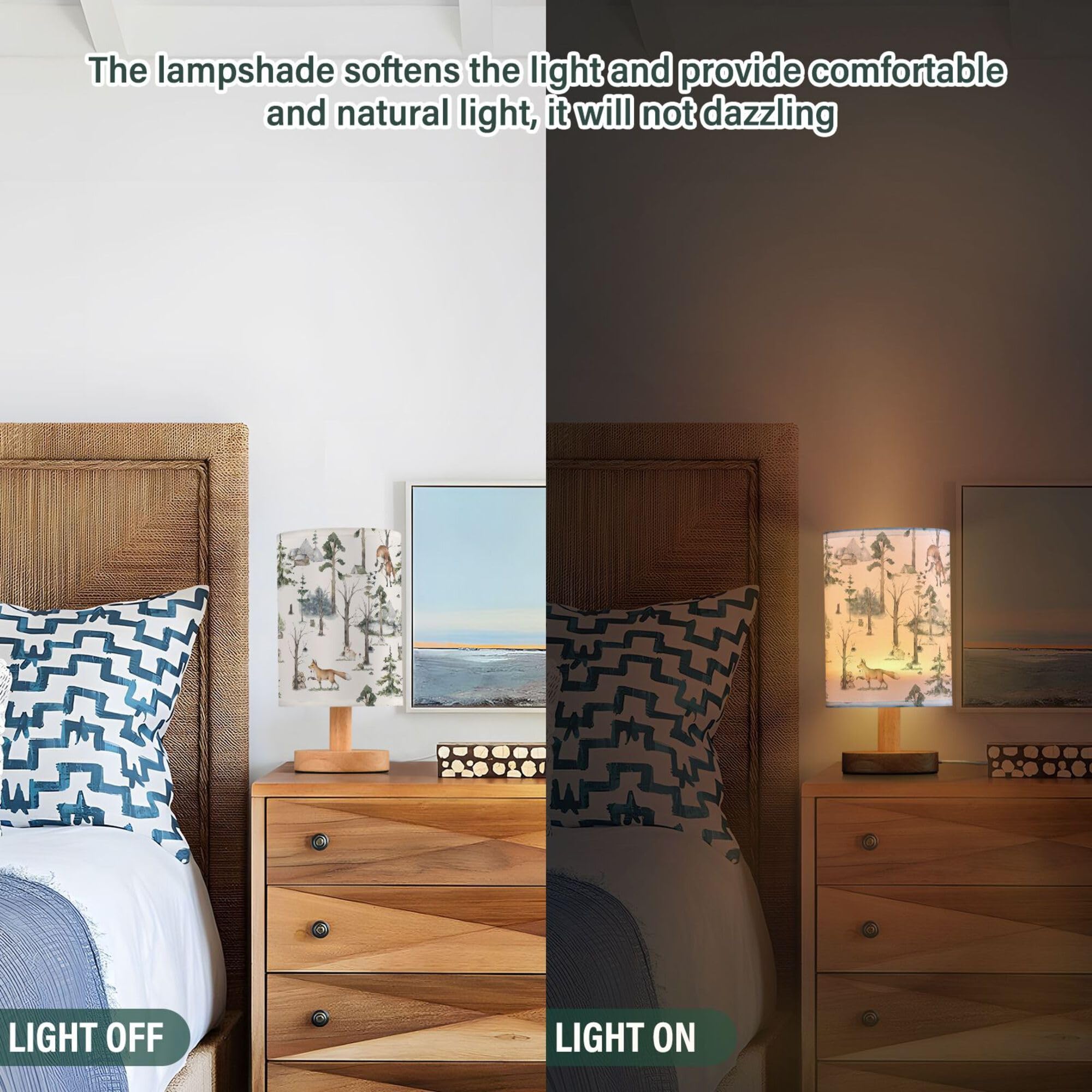 Yyzzh Table Lamp Watercolor Woodland Animal Pattern Fox Rabbit Hedgehog Bird Nightstand Lamp With Wood Base Fabric Lamp Shade Be