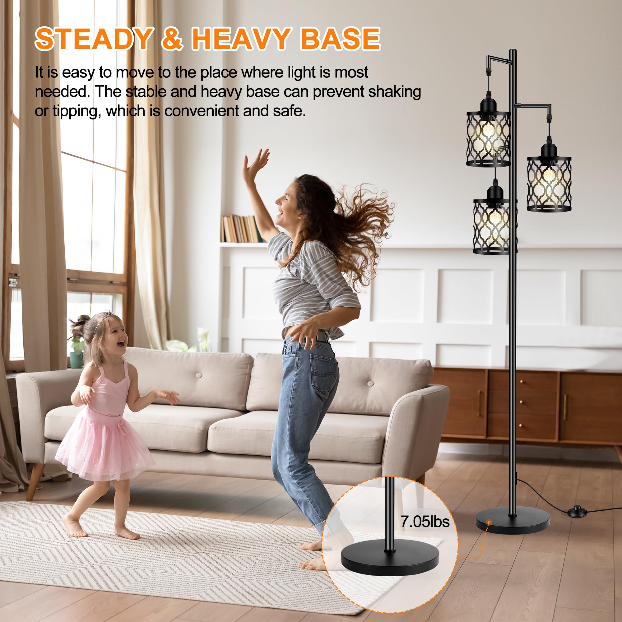 Industrial Floor Lamp, Metal Farmhouse Tall Lamp For Living Room, Rustic Standing Lamp With 3 Elegant Cage Heads, Tree Floor Lam