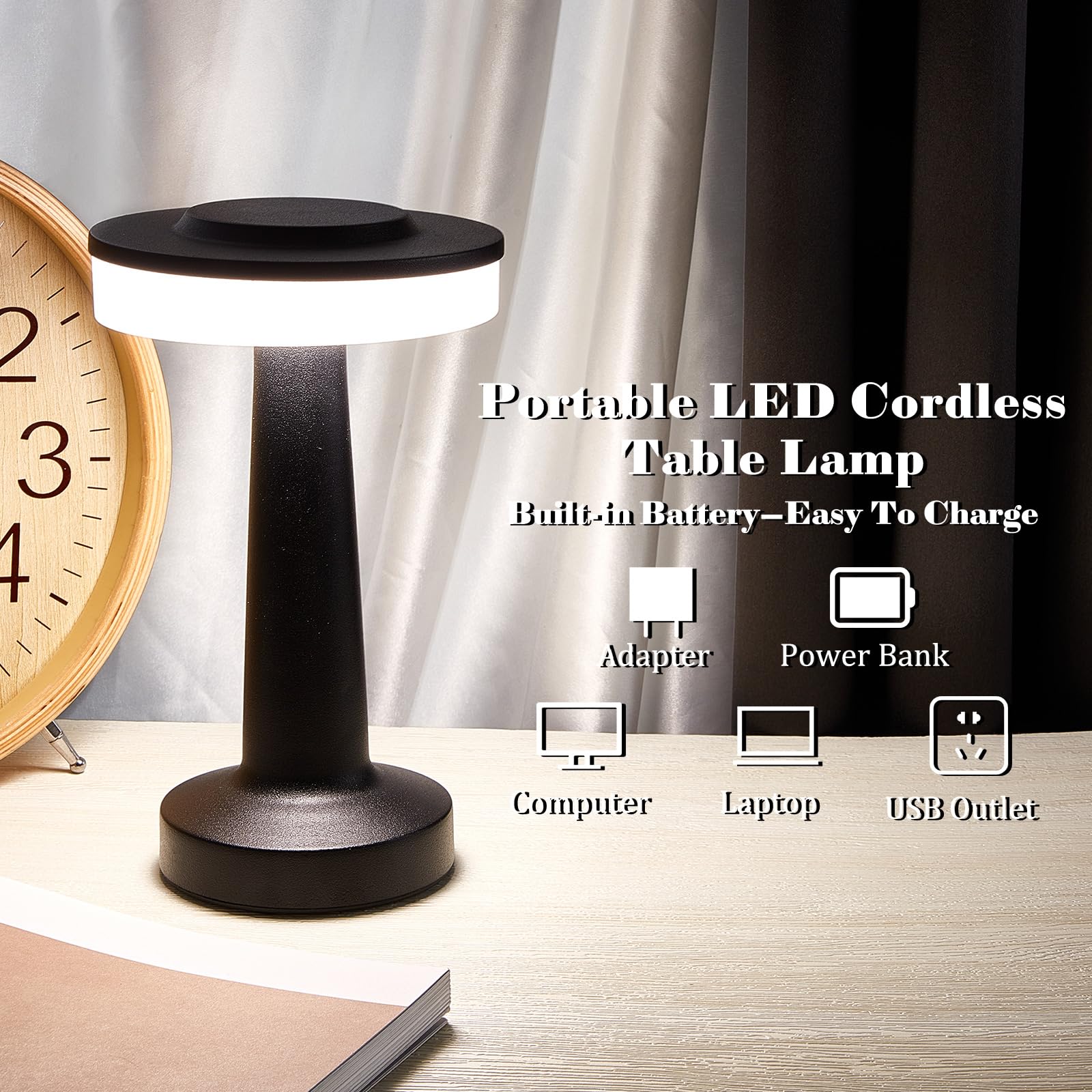 VIHOSE Cordless Table Lamp - 12 Pcs LED, Touch Sensor, 3 Color Dimming, Rechargeable, Black, Model ANB-VIHOSE-2788