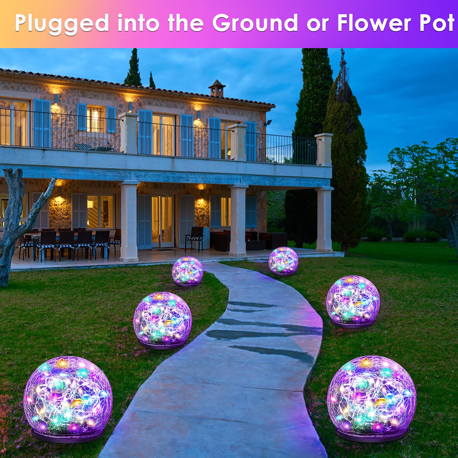 Keevvon 2 Pack 60 Led Garden Solar Lights Outdoor Decorative, Colored Cracked Glass Solar Globe Lights, Upgraded Waterproof Mult