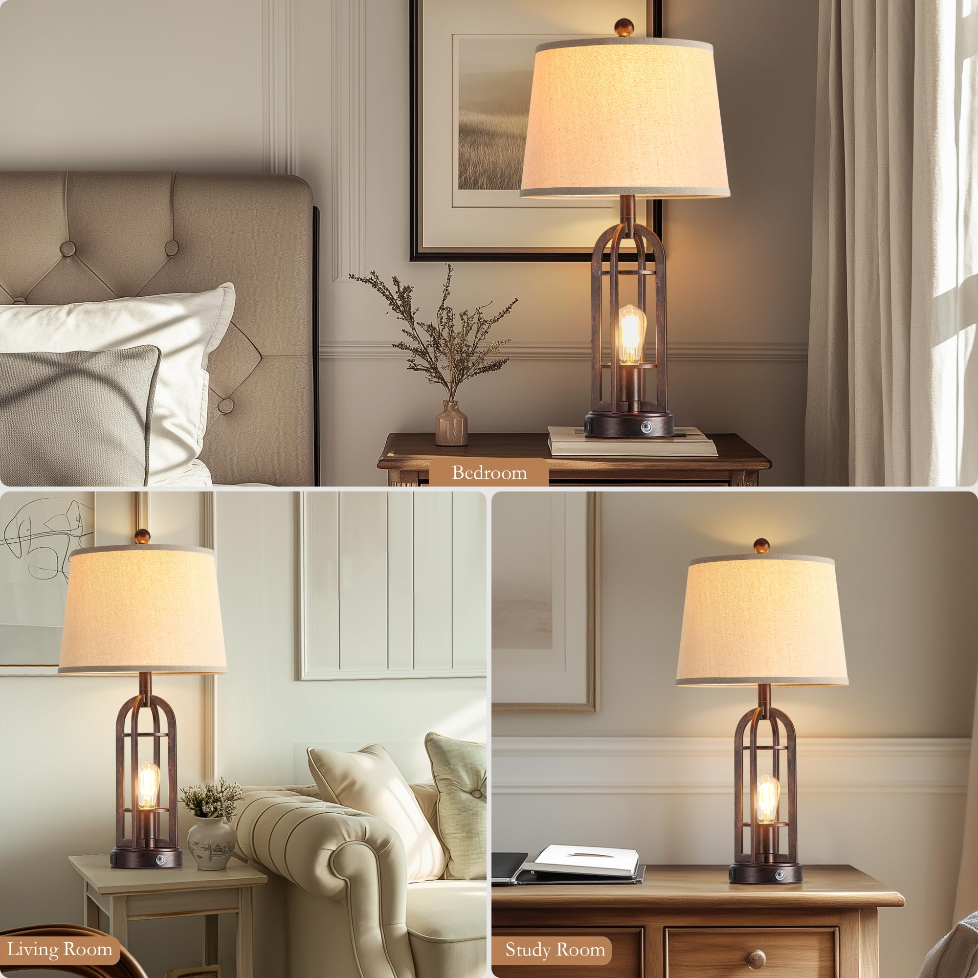 Srjja Farmhouse Table Lamps For Living Room Set Of 2, Industrial 3-Way Dimmable Touch Bedside Lamps With Usb A+C For Nightstand