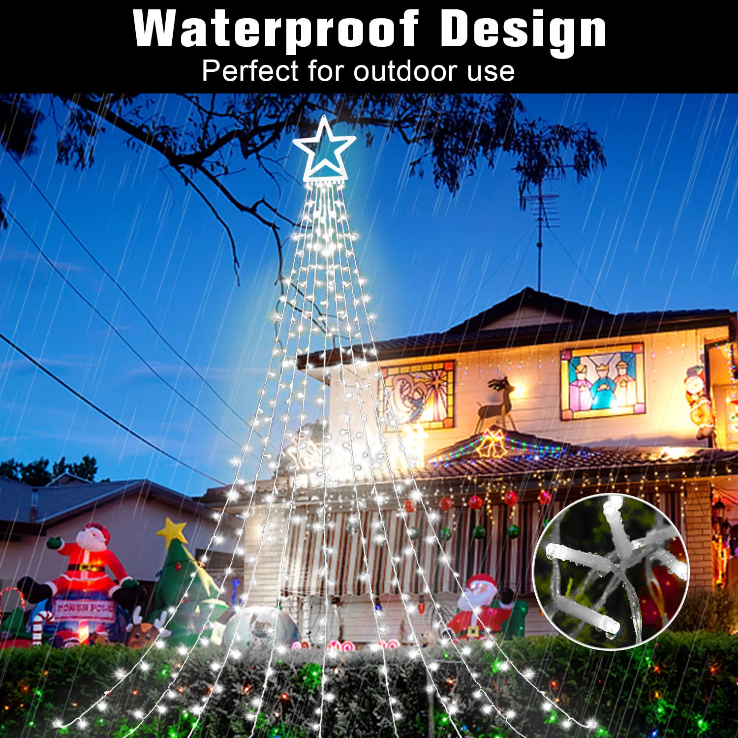 Outdoor Christmas Star String Lights, 320 Led 11.5 Ft Waterfall Tree Lights With 8 Lighting Modes For Indoor/Outdoor Yard, Home,