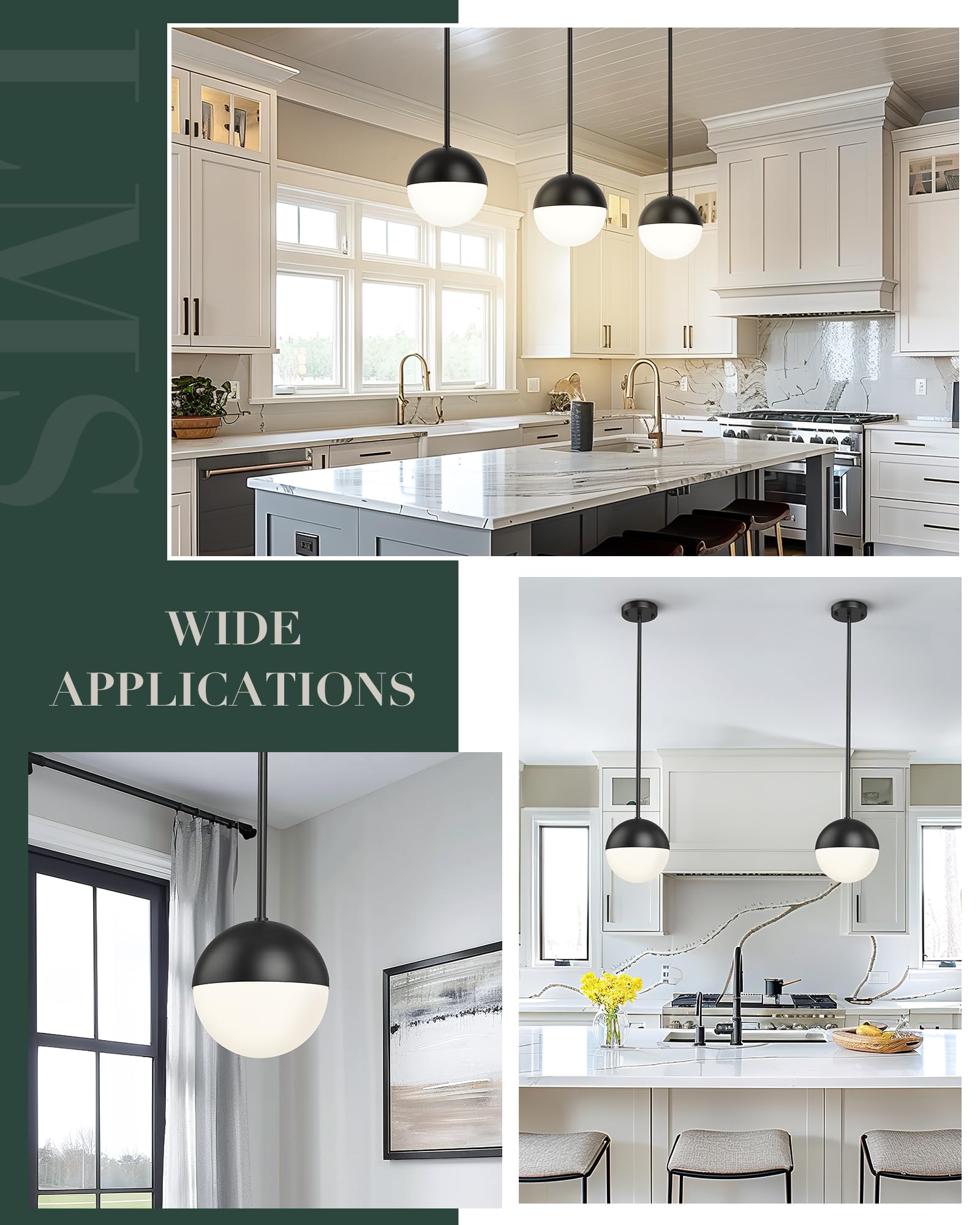 Lms 2 Pack Mid Century Pendant Lights, Matte Black Kitchen Island Light Fixtures With White Globe Glass Shade, Adjustable Hangin