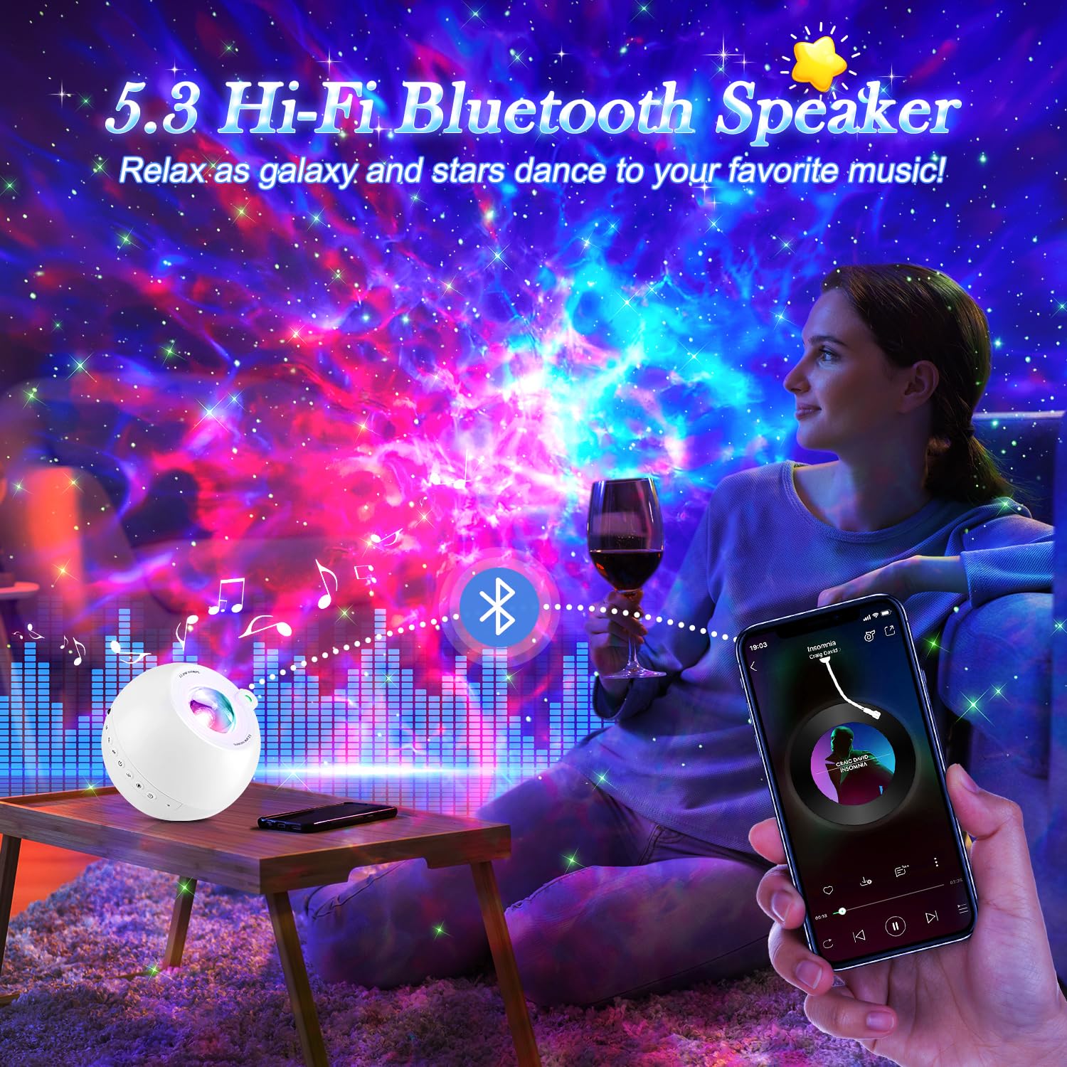 PIKOY Star Projector Galaxy Light - 15 Colors, Bluetooth, for Kids & Adults, Model WH-E14A, White