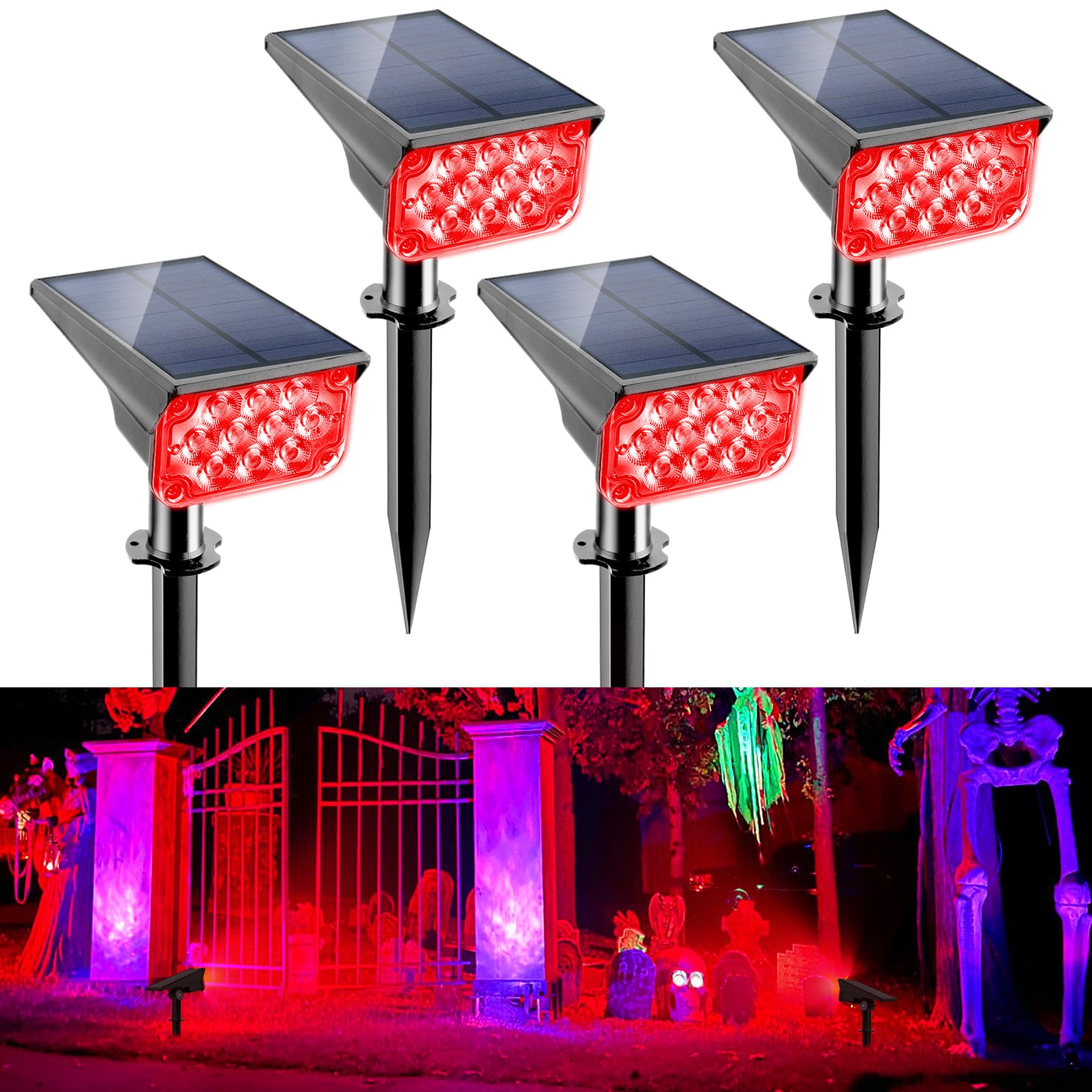 Crepow 20 Led Solar Spot Lights, Waterproof Ip65, Adjustable, Red, 4 Pack For Outdoor Use
