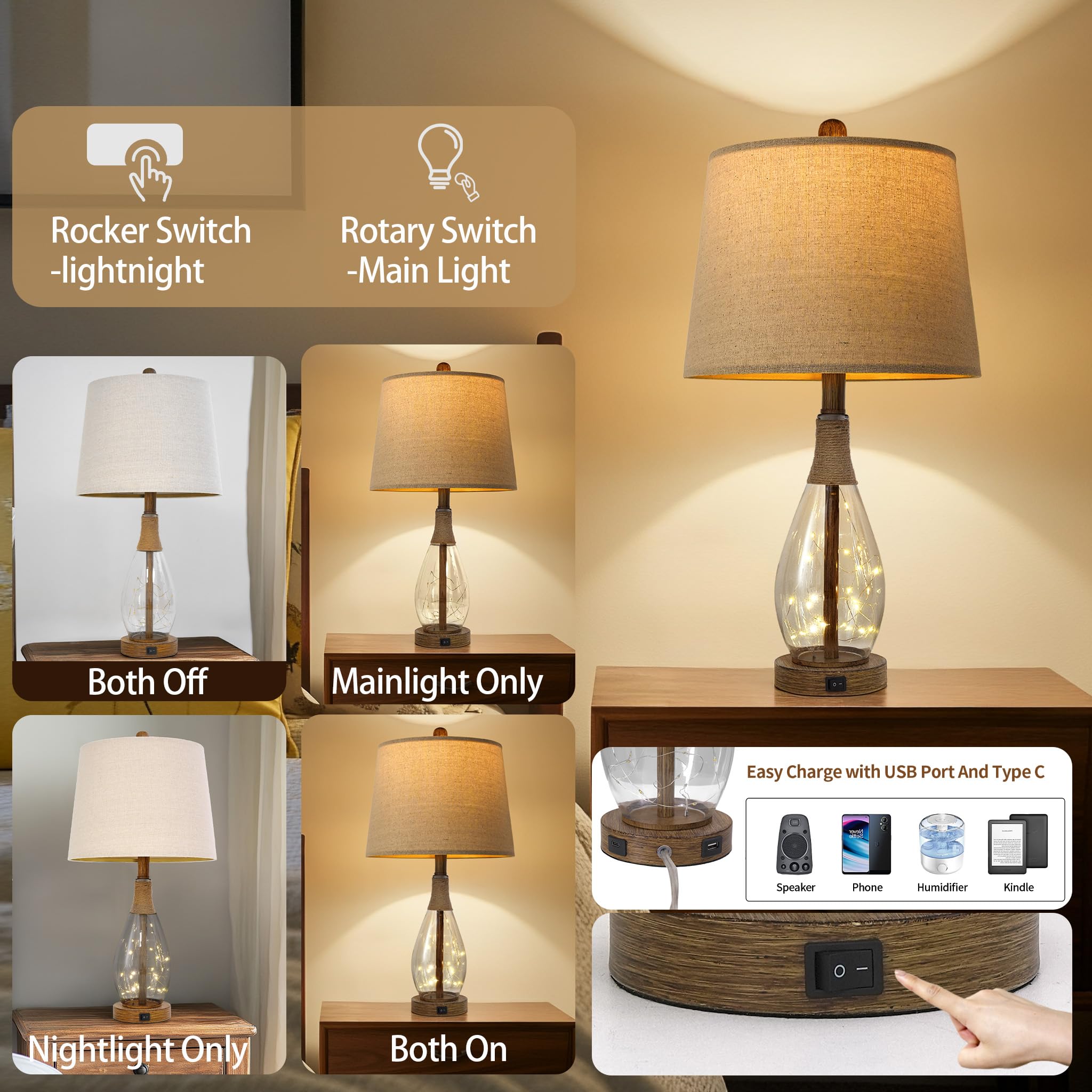OYEARS USB A+C Table Lamp, 23in Modern Rattan & Glass Nightstand Light, Brown, Model AMZ-T1140-U-1