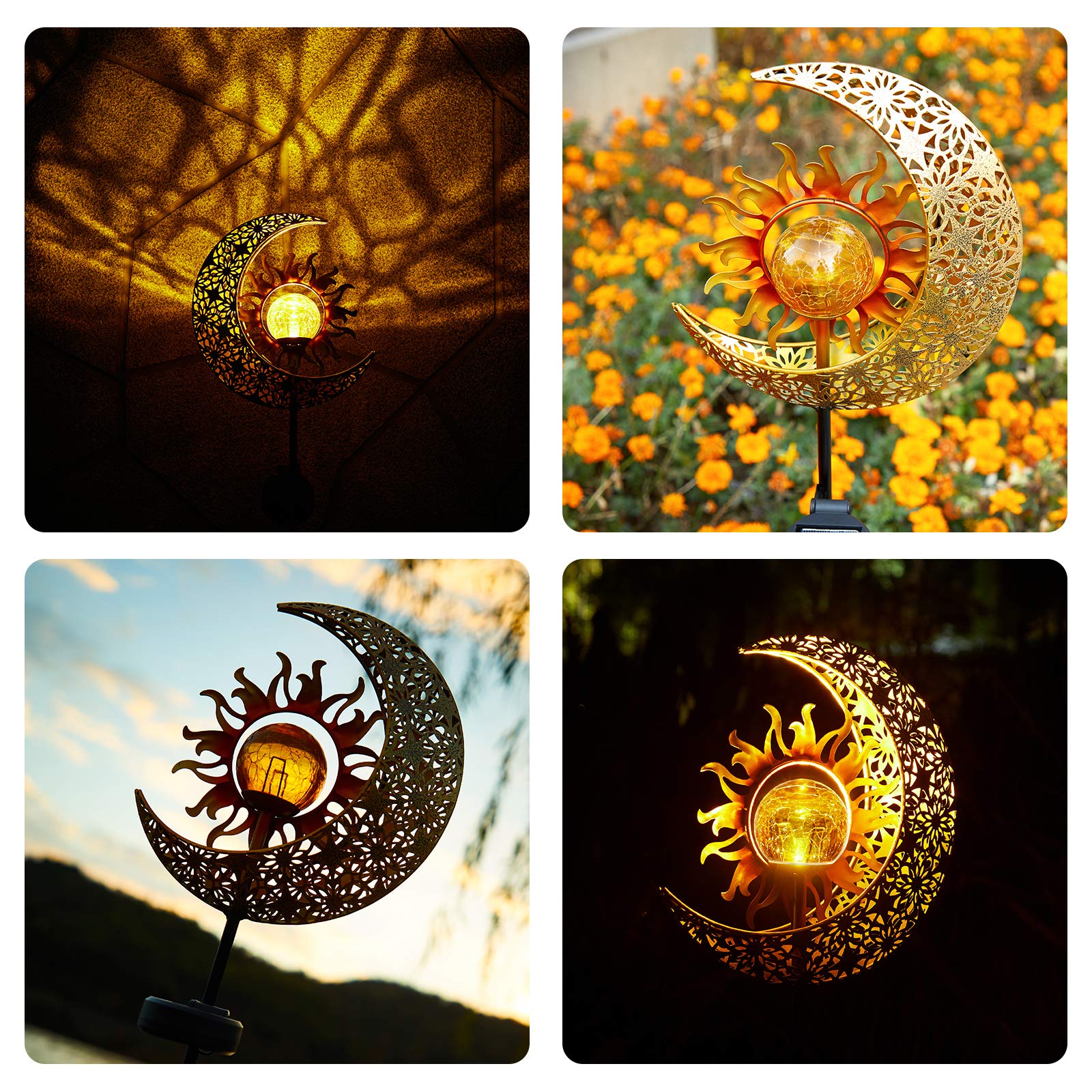 Licklip Solar Garden Lights, Sun & Moon Crackle Glass Globe, Waterproof Led Outdoor Decoration