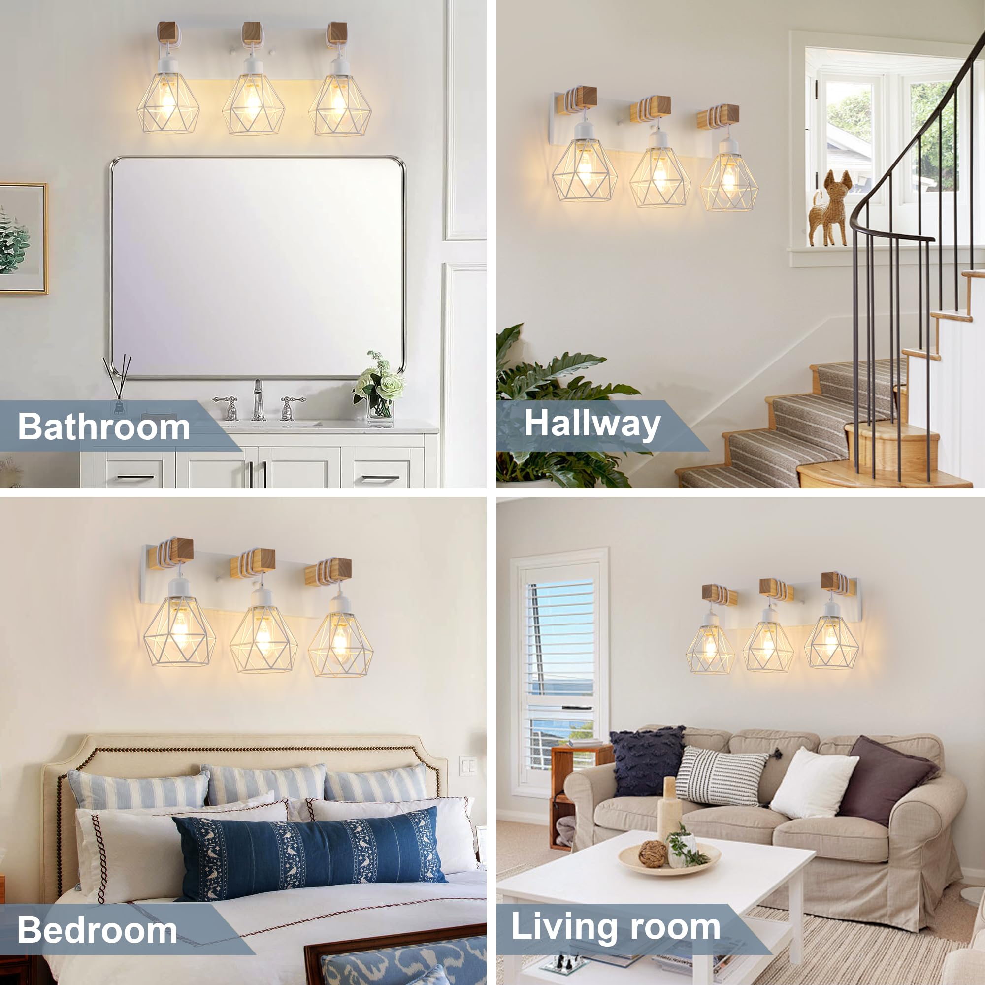 Farmhouse Vanity Light For Bathroom  3-Light White Wood Bathroom Vanity Light Fixtures Over Mirror  Rustic Sconces Wall Lighting With Metal Lampshade For Living Room  Bedroom  Hallway