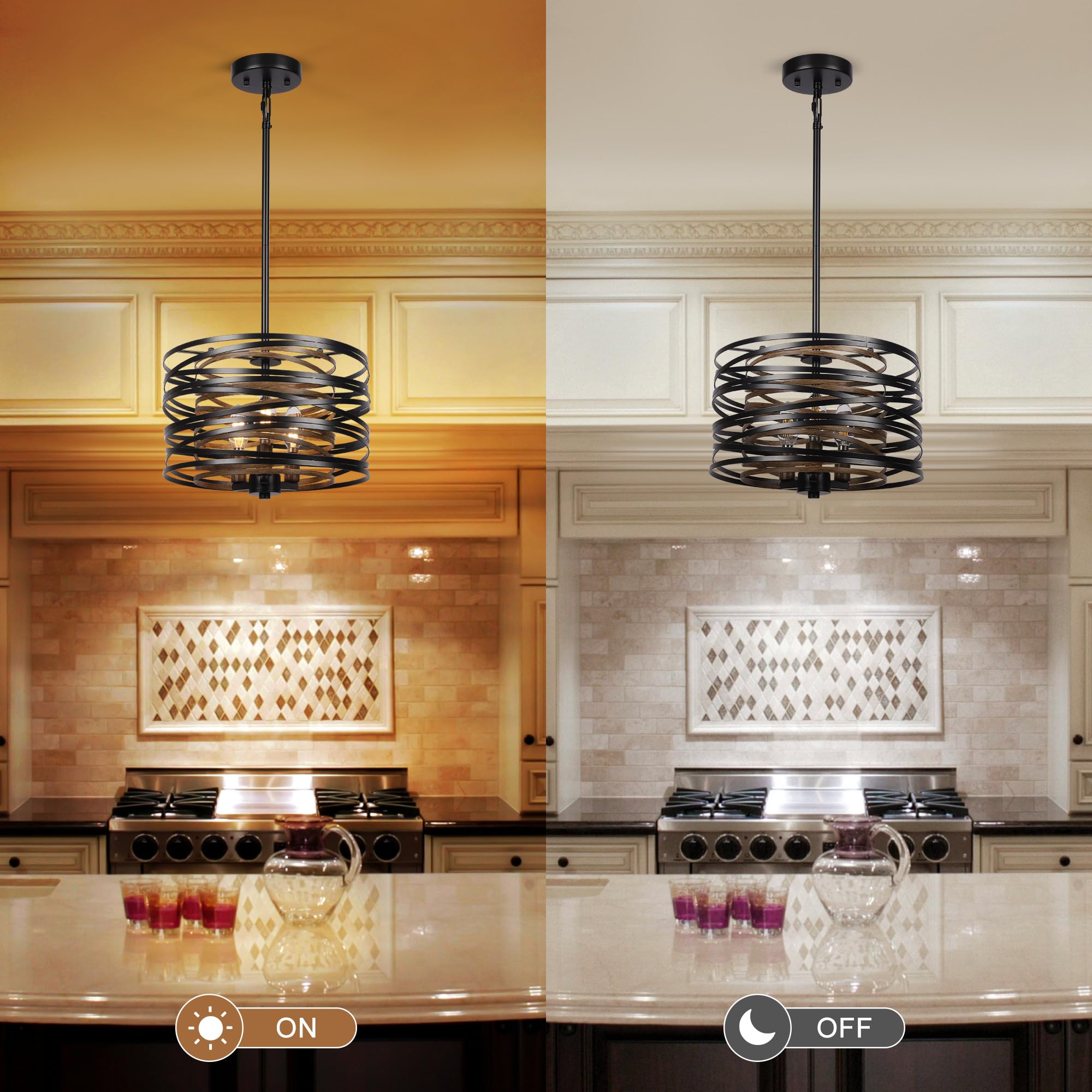 Sigaitwei 3-Light Rustic Black Drum Chandelier, Metal Light Fixture for Kitchen, Entryway, Living Room
