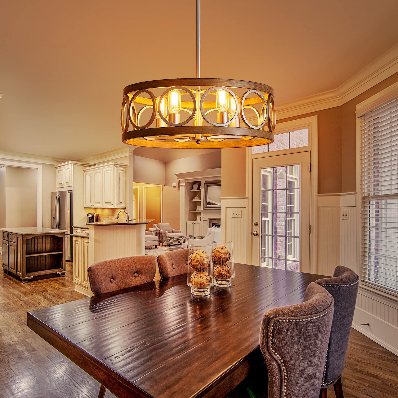 Xingqi Rustic Chandelier Brushed Nickel, Drum Chandeliers For Dining Room Modern Light Fixture Over Table Farmhouse Metal Wood Grain Pendant 5 Lights